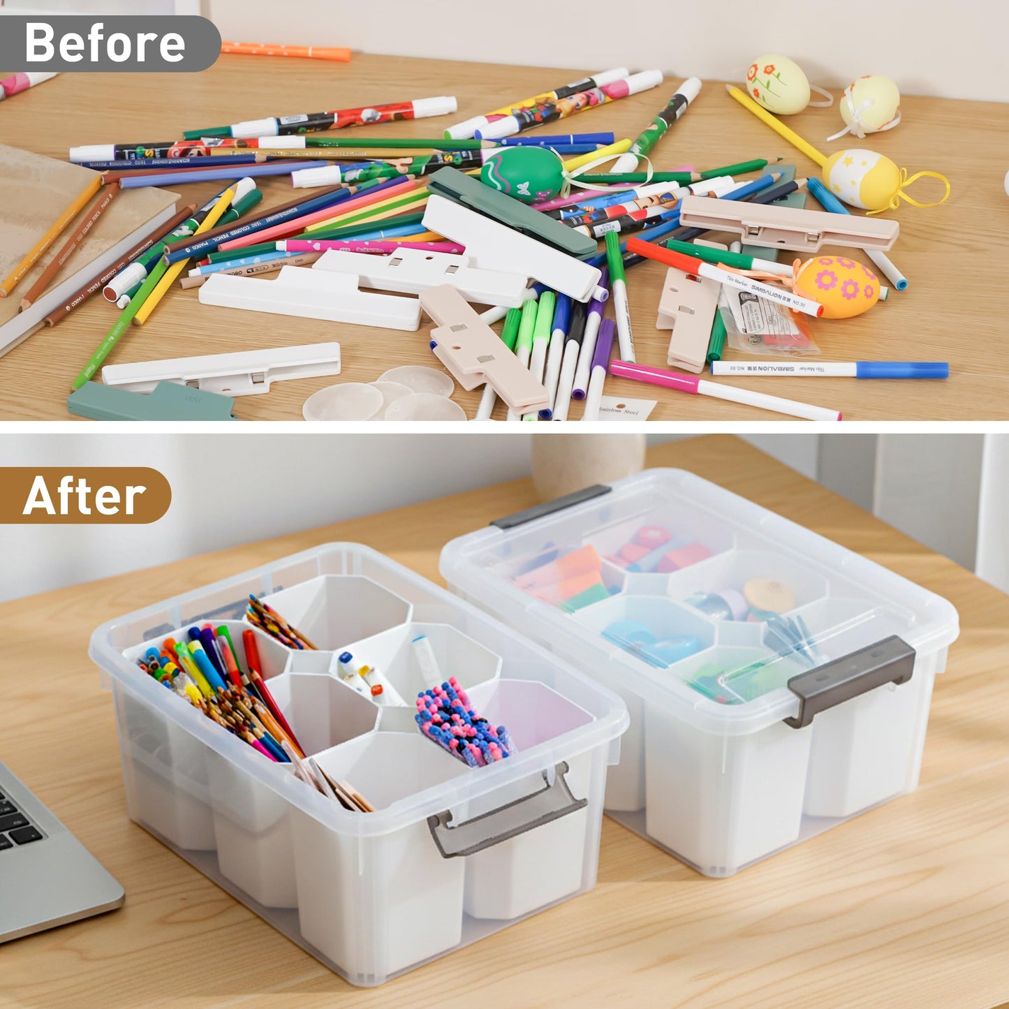 Citylife 17 QT Plastic Storage Bins with 6 Detachable Inserts Clear Storage Box with Lids Multipurpose Stackable Storage Containers for Organizing Crayon, Lego, Craft, 2 Packs