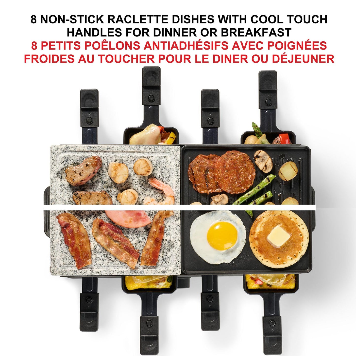 Starfrit 8-Person Raclette Party Grill - 2-in-1 Die-Cast Aluminum & Cooking Stone - Reversible Grill/Griddle Plate - Adjustable Temperature - 8 Non-Stick Spatulas & Dishes -1300W