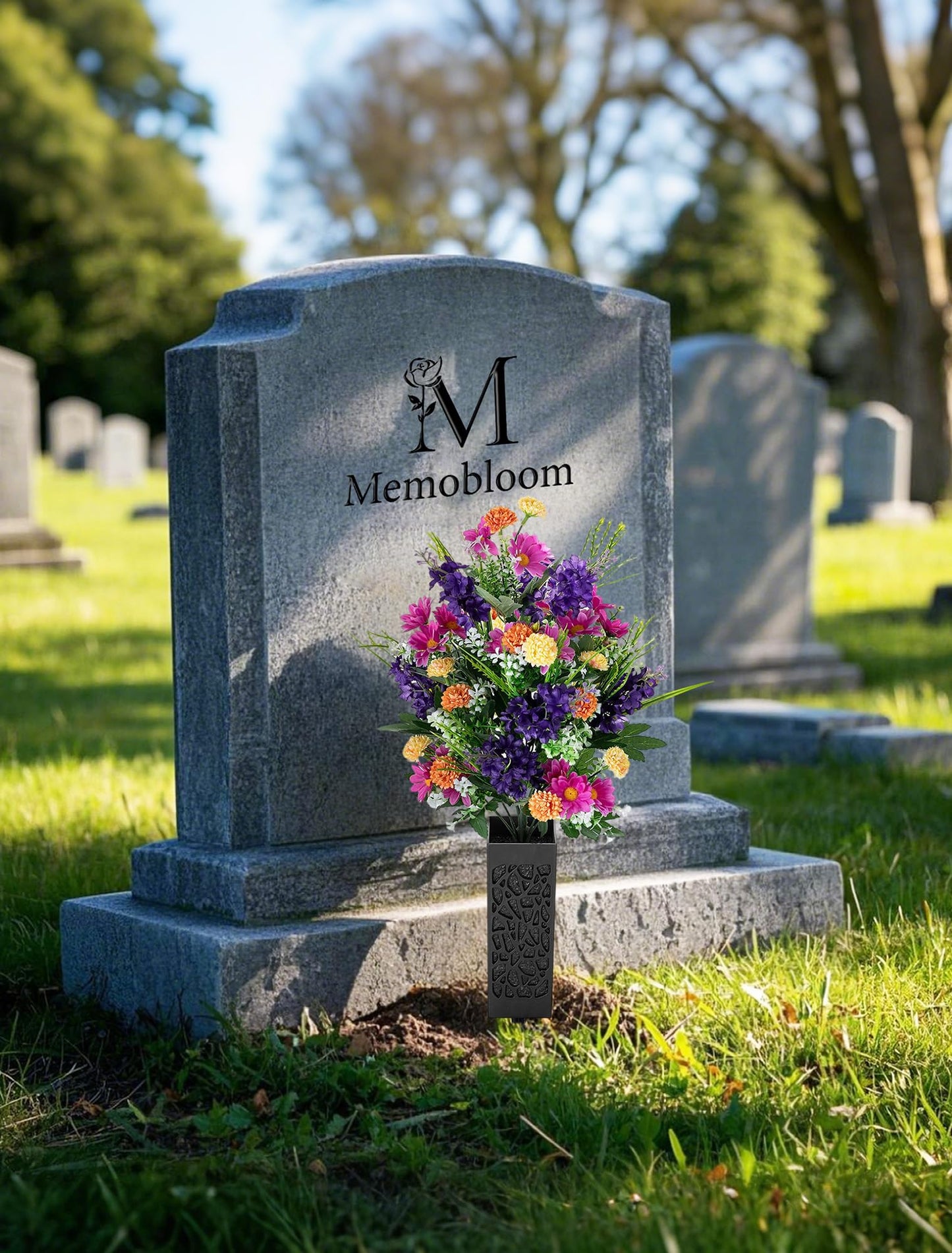 Memobloom Artificial Cemetery Flowers for Grave: Memorial Day Flowers for Cemetery - Outdoor Grave Decorations - 2 Pcs Purple Violet Mums Bouquets with Vases
