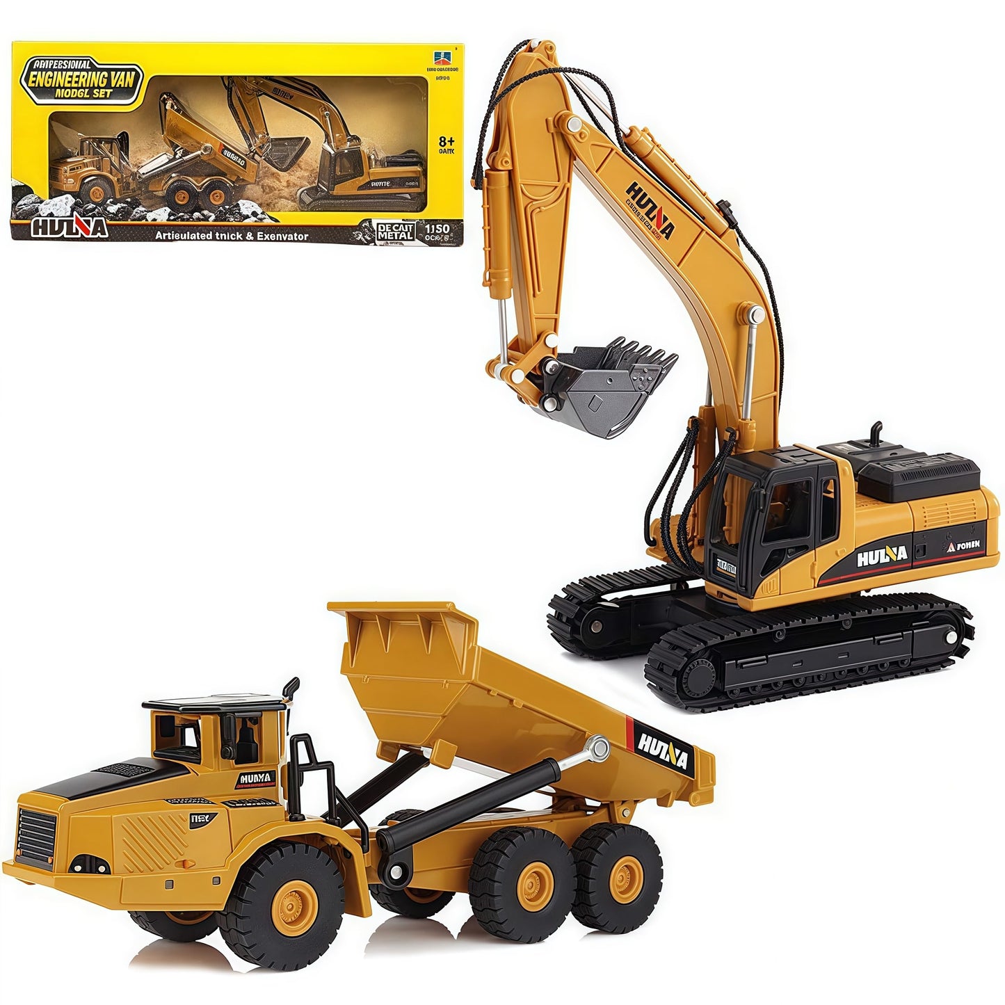 Gemini&Genius Heavy Metal Die-cast Articulated Dump Truck Excavator Engineering Vehicle Construction Alloy Models Toys for Kids and Decoration House Set (Dump Truck& Excavator Suit)