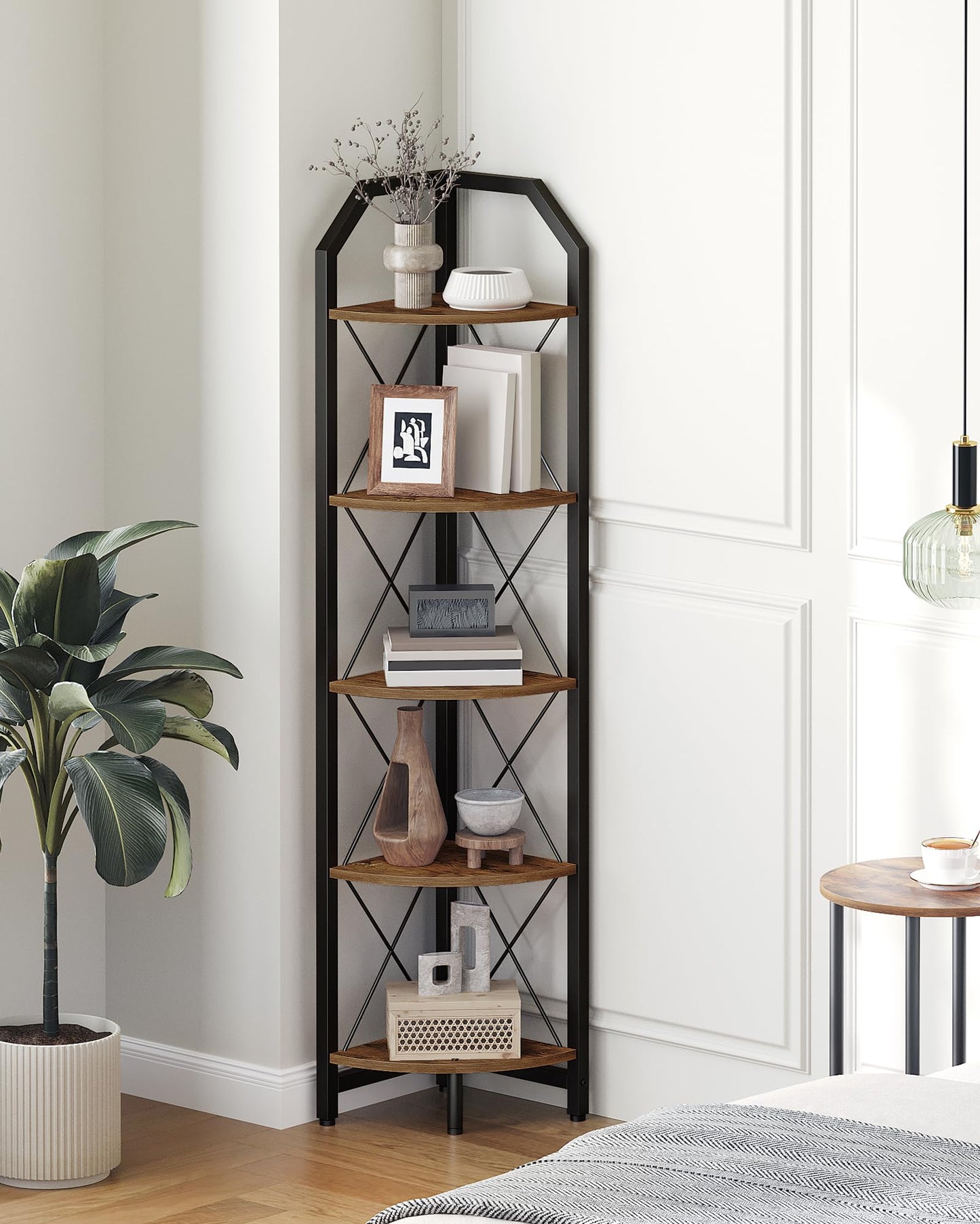 59.4" Corner Shelf, 5-Tier Industrial Corner Bookshelf, Corner Storage Stand, Plant Stand Display Shelf, Bookcase for Bedroom, Living Room, Home Office, Rustic Brown and Black TCJ10BF