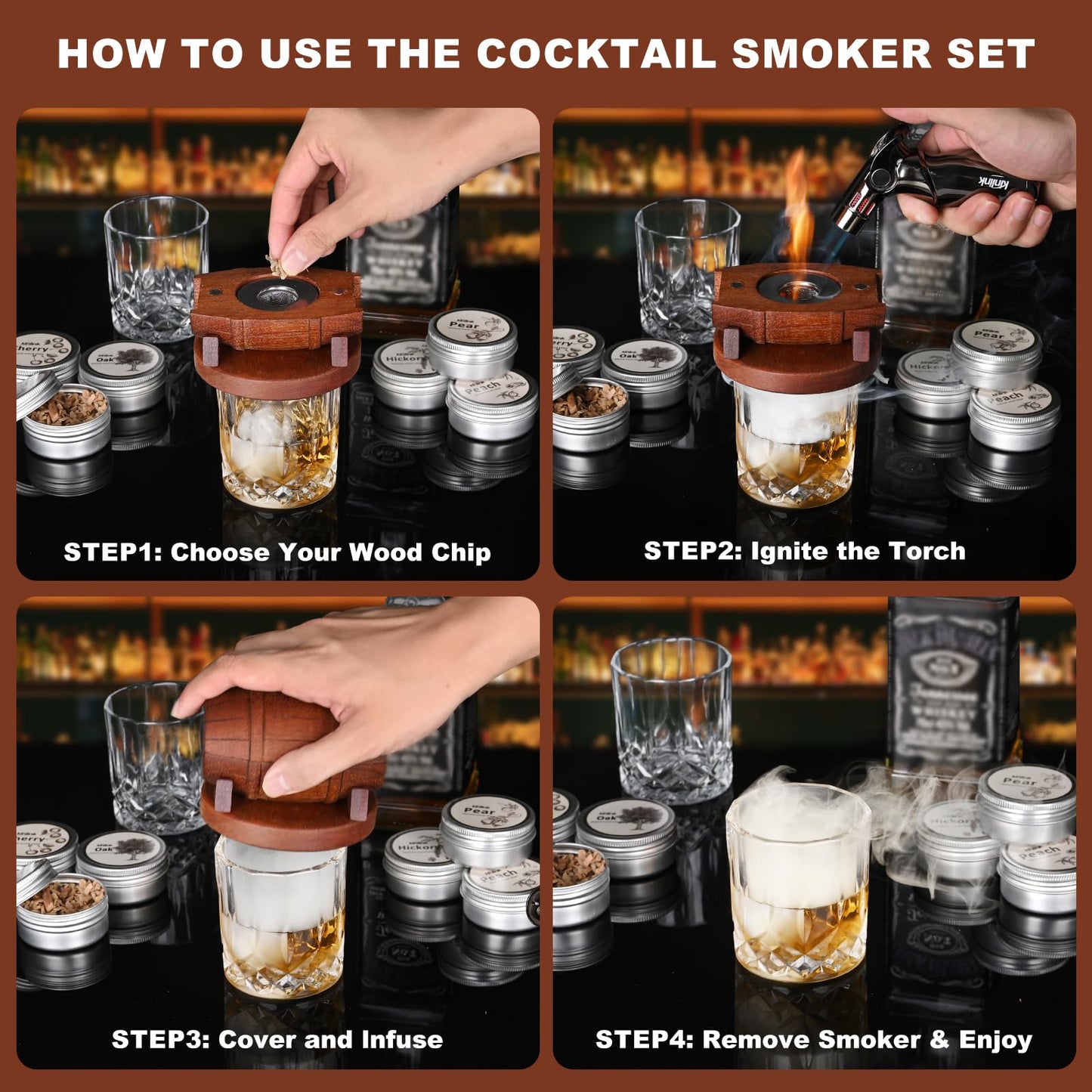 Whiskey Smoker Kit with Torch No Butane, 6 Flavors Wood Chips, 2 Whiskey Glasses, 2 Ice Ball Molds, Cocktail Drink Smoker Kit, Old Fashioned Smoker Kit, Birthday Anniversary Bourbon Gifts for Men Dad