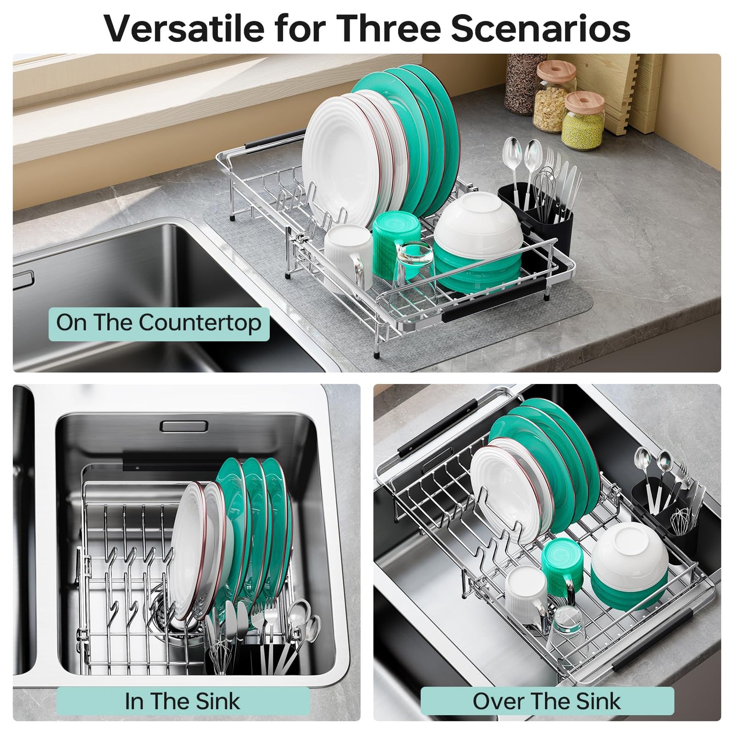 Urackify Stainless Steel Expandable-Sink-Dish-Drying-Rack with Utensil Holder for Kitchen Counter, in Sink and Over The Sink, Rust Resistant, Silver