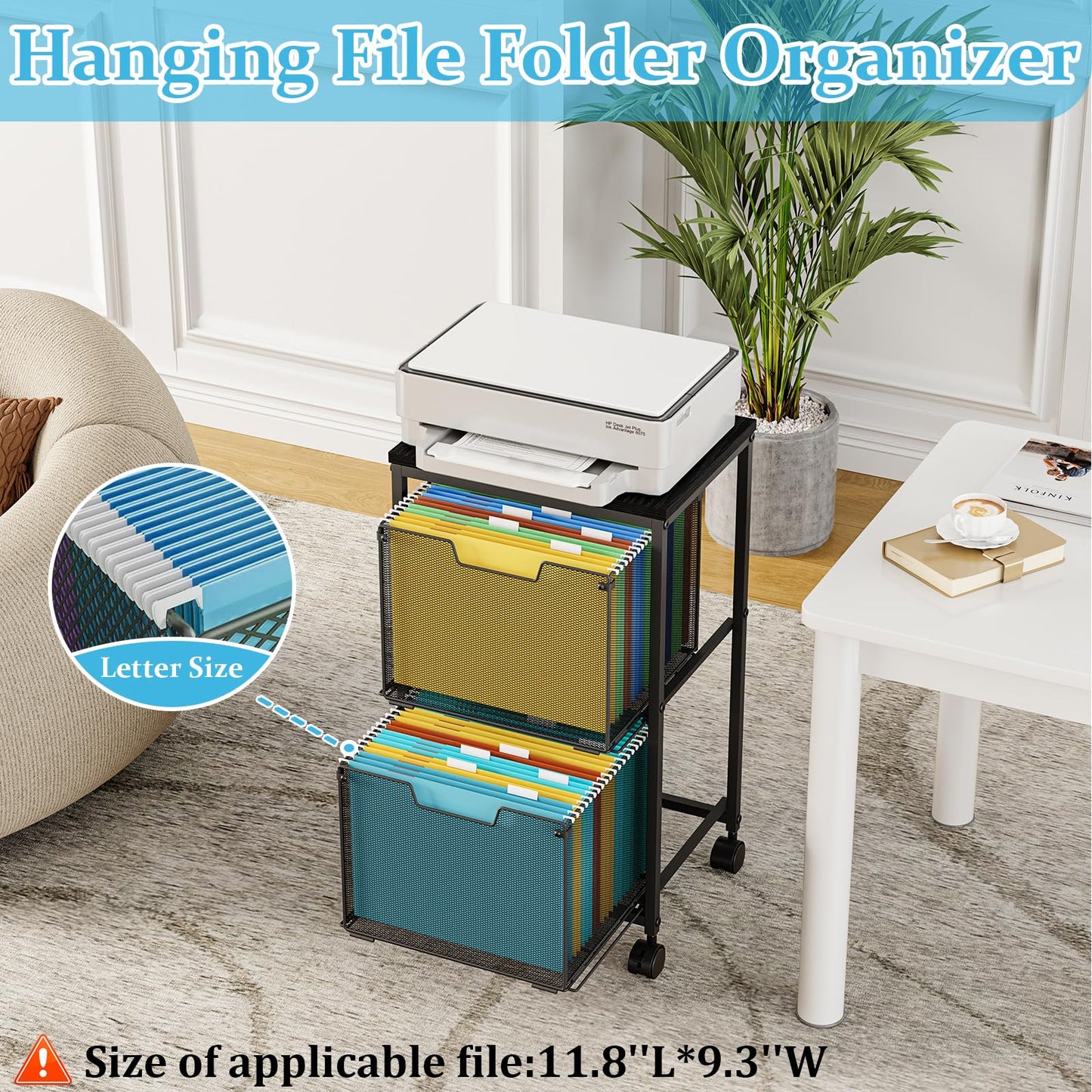Sbanmao Rolling File Cart with 2 Storage Drawers, File Cabinet with Wheels, Hanging File Folder Organizer, Under Desk Storage, Printer Stand Utility Cart Filing Cabinet for Home Office,Black