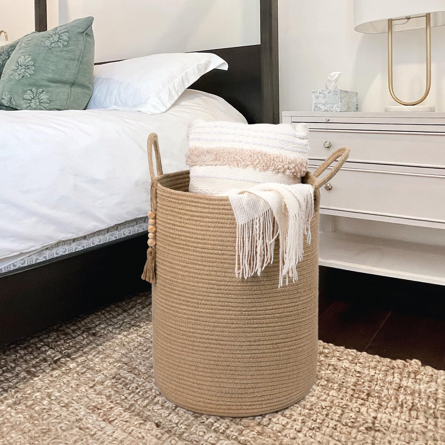 Goodpick Tall Wicker Laundry Basket,Large Storage Baskets for Pillows, Towels,Decorative Blanket Baskets for Living Room, Baby Laundry Hamper,Woven Jute Basket with Handles,16 x 20inches