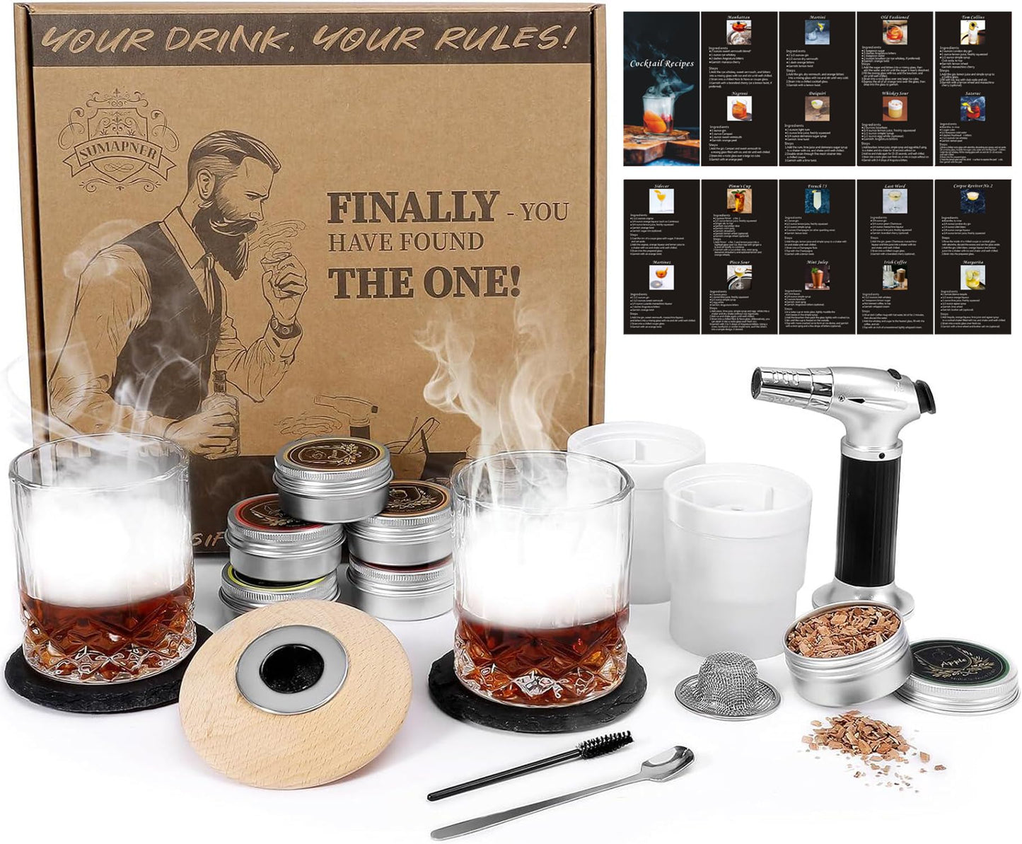 Whiskey Smoker Kit with Torch, 2 Glasses, 6 Flavors Wood Chips, 2 Ice Ball Molds, Cocktail Whisky Old Fashioned Drink Smoker Infuser Kit, Birthday Gifts for Father Men, Dad, Husband(No Butane)