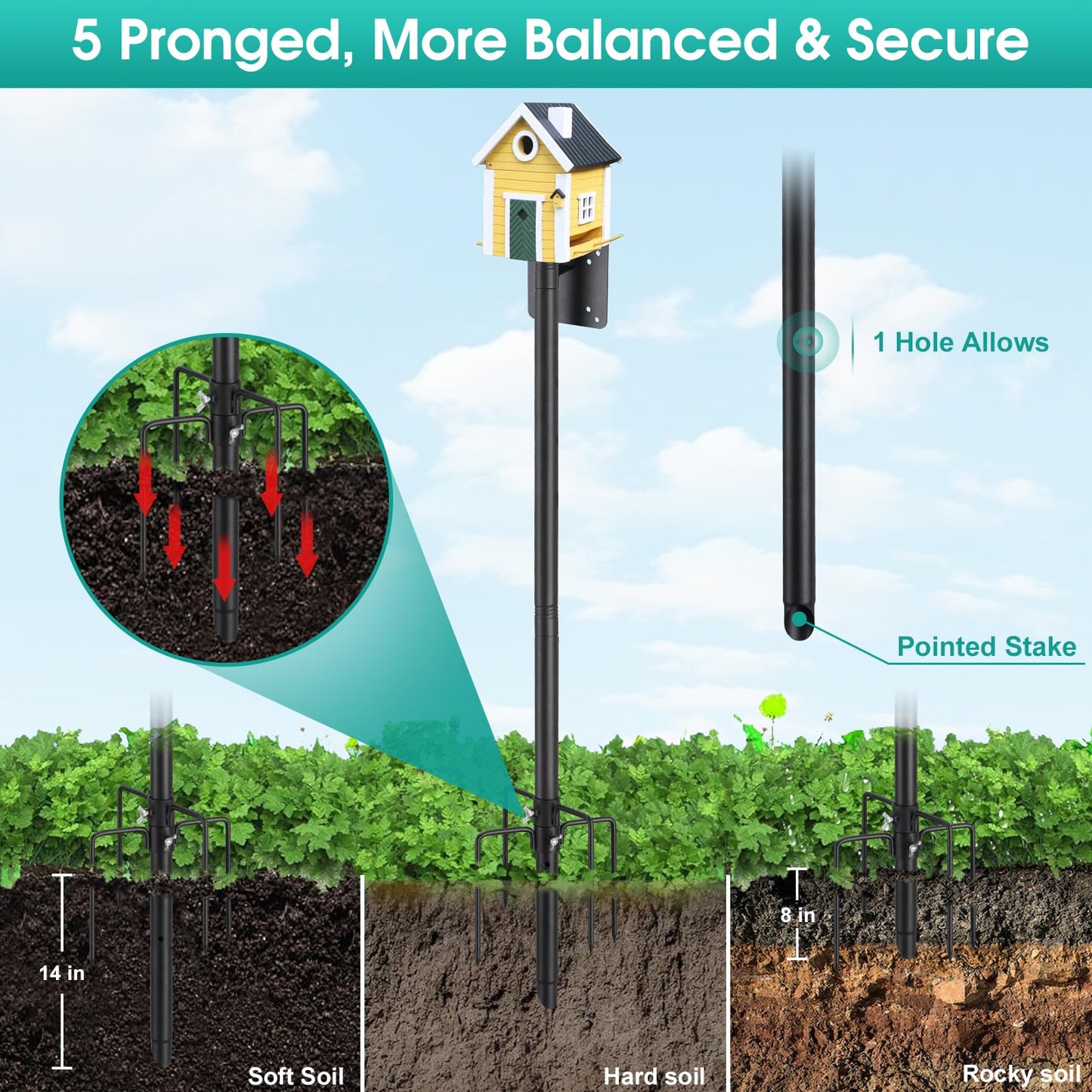 Bird House Pole,74 Inch Heavy Duty Bird Feeder Pole Mount Kit for Outdoors, 5-Prong Base, Splicing Adjustable Feeding Stand Station for Birds Watching,Weather Station (Birds House Not Included)