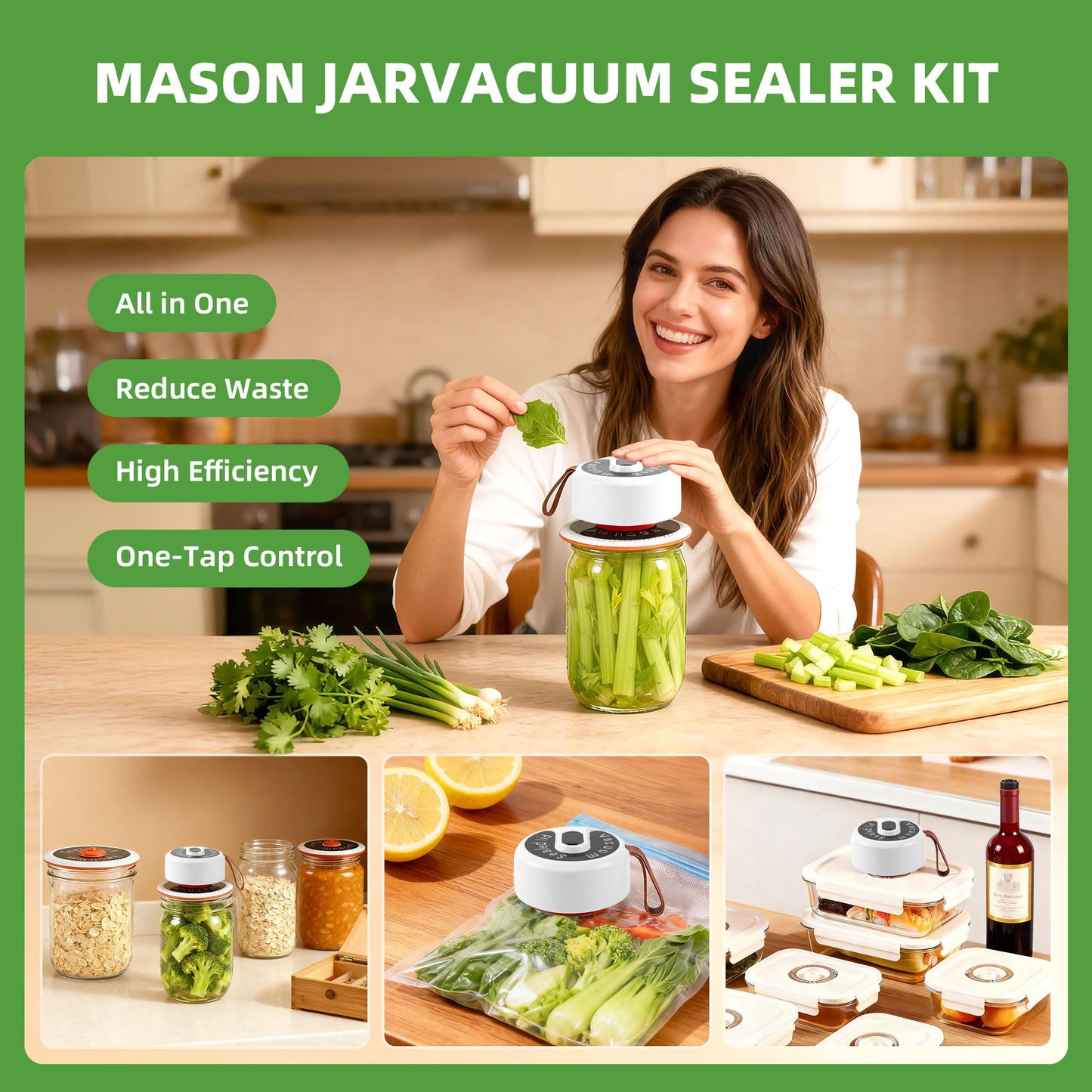 Electric Mason Jar Vacuum Sealer - Upgraded 3-in-1 Portable Vacuum Sealer Kit for Mason Jars, Vacuum Seal Bags & Containers - Ideal for Jams, Pickles, Dry Foods-White