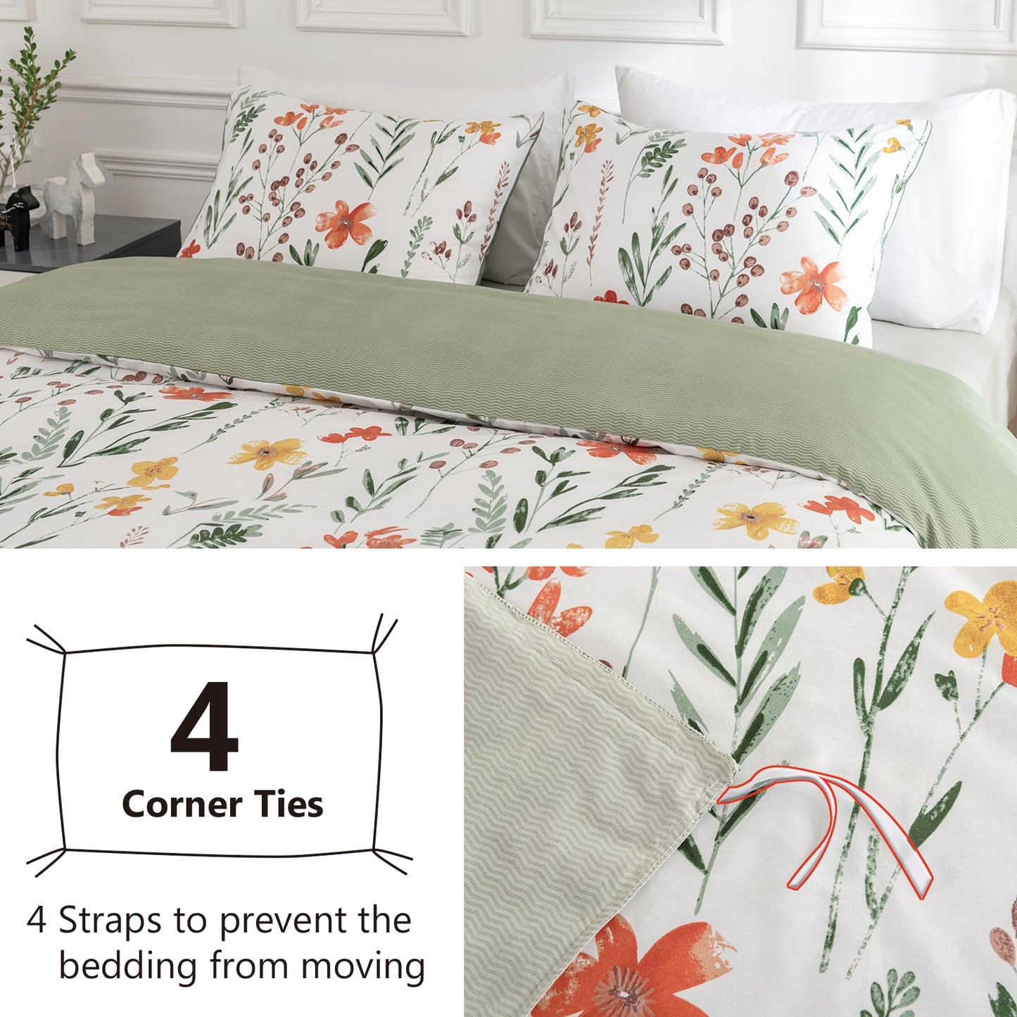 Duvet Cover Queen, Floral Duvet Cover, 3 Piece Breathable Queen Duvet Cover Set with Zipper Closure, 4 Corner Ties, (90x90 Inch, Green/White)