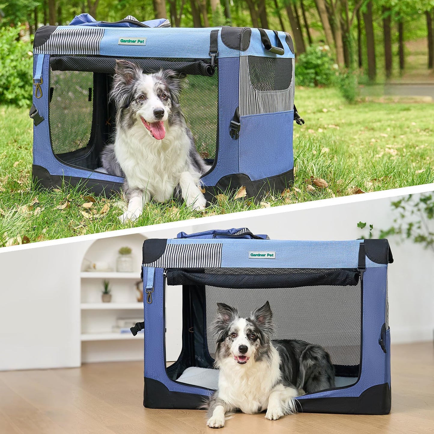 Gardner Pet Soft Collapsible Dog Crate - 30 Inch Portable Travel Dog Crate for Small/Medium Dogs Indoor & Outdoor, 3-Door Pet Crate with Durable Mesh Windows & Storage Bag, Blue