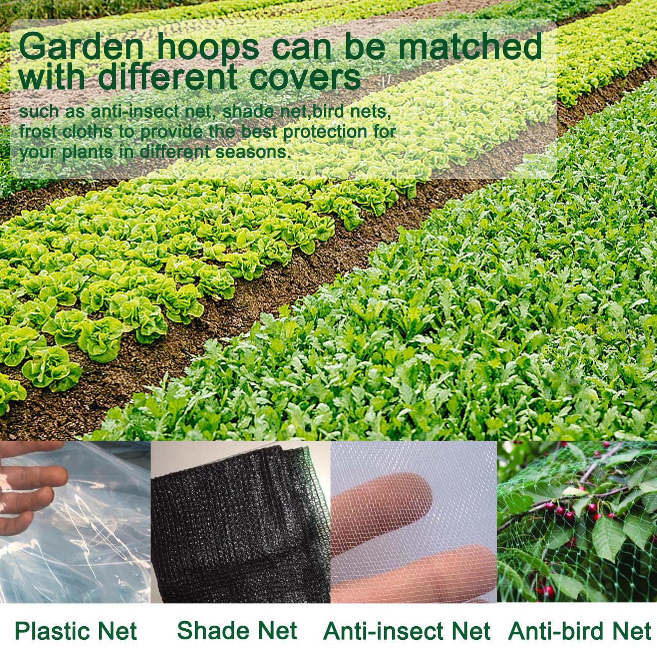 60 PCS Greenhouse Hoops Grow Tunnel, 10 Sets of 8FT Long Garden Hoops, DIY Width Grow Tunnel for Raised Beds, Fiberglass Garden Hoops Kit, Rust-Free Garden Tunnel for Garden Fabric,Garden Hoops