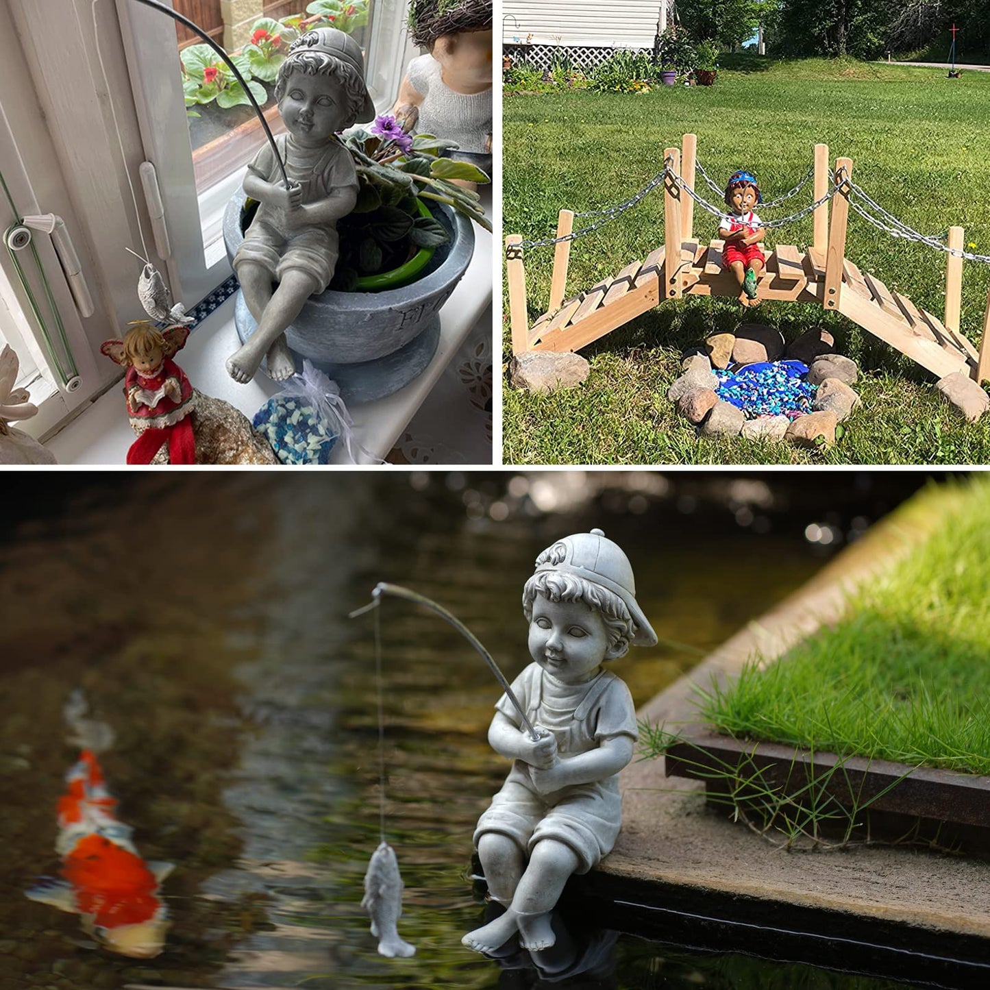 Goodeco Fisherboy Garden Outdoor Statue - Boy Fisherman Figurine Sculpture - Fishing Outdoor Statues for Patio,Yard Lawn Pool Pond Ornament,Gardening Gifts,Gift idea 11 inch
