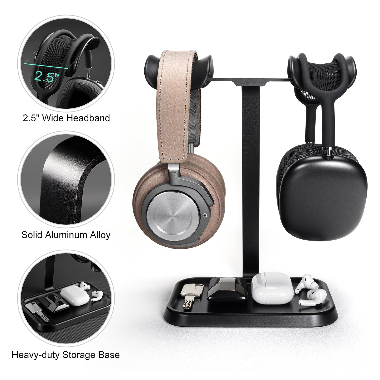 Dual Headphone Stand, Double Balanced Headset Stand with Storage Tray, Heavy Base Gaming Headset Holder for Desk (Black)