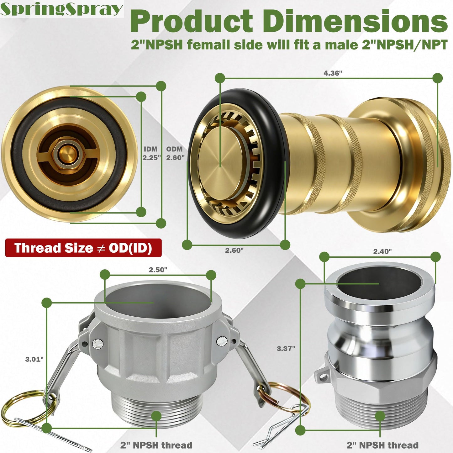 SpringSpray 2" NPSH Brass Industrial Fire Hose Nozzle with 2 x Aluminum 2 inch Camlock Fittings Couplings Fire Equipment Constant Flow Heavy-Duty Fog Nozzle
