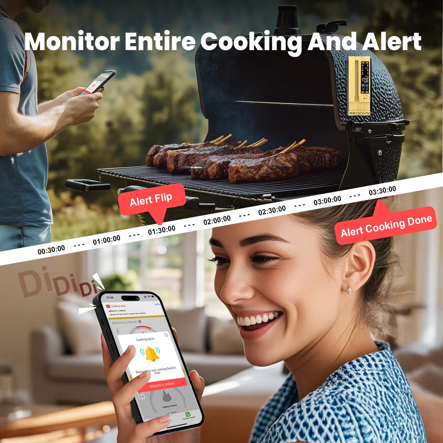 BBQOVN WiFi Sub-1g Wireless Meat Thermometer Unlimited Range with Digital Smart Base 7 NIST Certified Sensors with Ambient Temp Monitor for BBQ, Grill,Oven, Smoker(1, Black, Small)