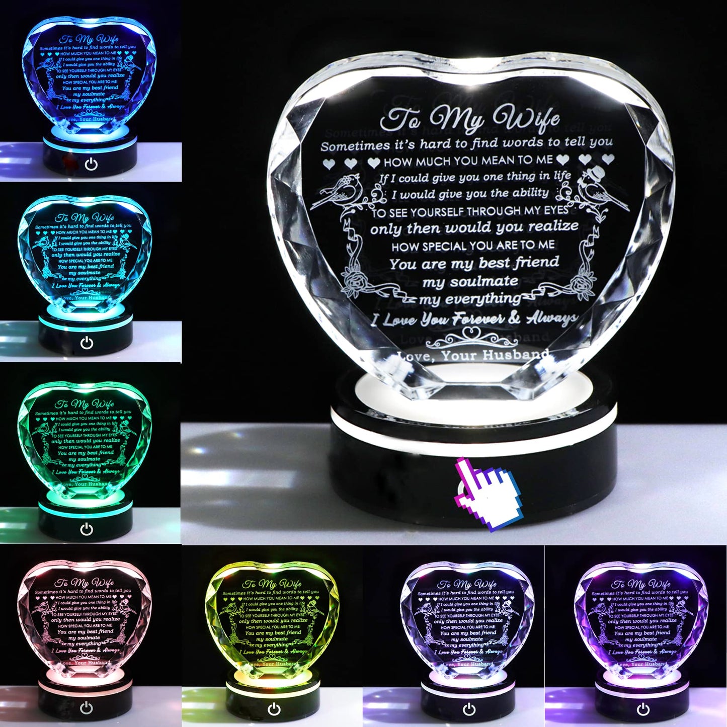 YWHL Gifts for Wife: Crystal Heart Keepsakes with LED Base - I Love You Gifts for Her from Husband