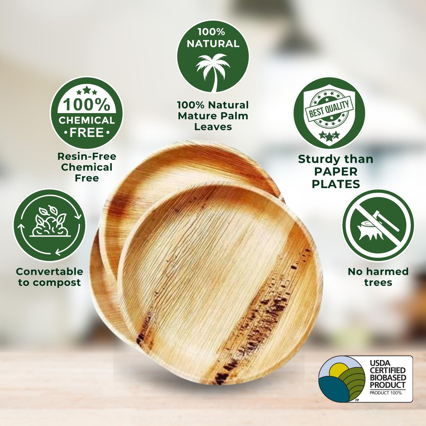 Dtocs Palm Leaf Disposable Plates (50 Pcs.) – 10 Inch Dinner, 7 Inch Dessert Plate Set (25 Each) | Eco-Friendly Rustic Bamboo, Wooden Plate Look Party Dinnerware Set | Sturdy Alt Round Paper Plates