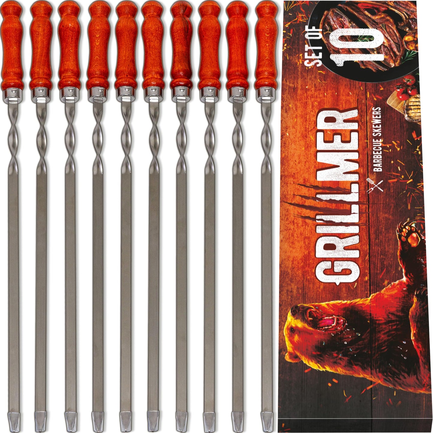 Premium BBQ Skewers with Wooden Handles 23.6" Shish Kabob Skewers Stainless Steel Long & Reusable Kabob Sticks Barbecue Skewers for Grilling Set of 10 Piece