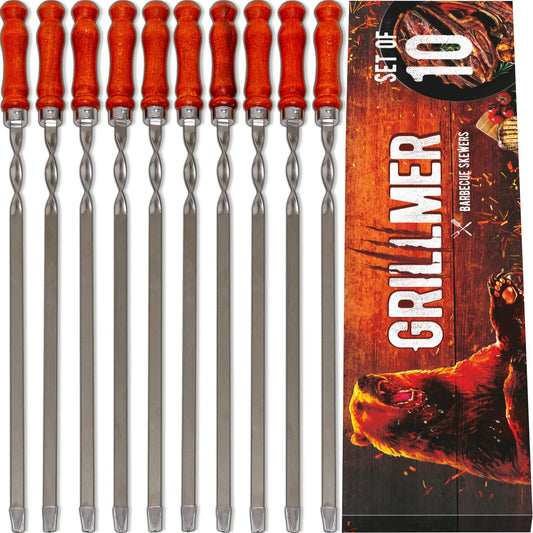 Premium BBQ Skewers with Wooden Handles 23.6" Shish Kabob Skewers Stainless Steel Long & Reusable Kabob Sticks Barbecue Skewers for Grilling Set of 10 Piece