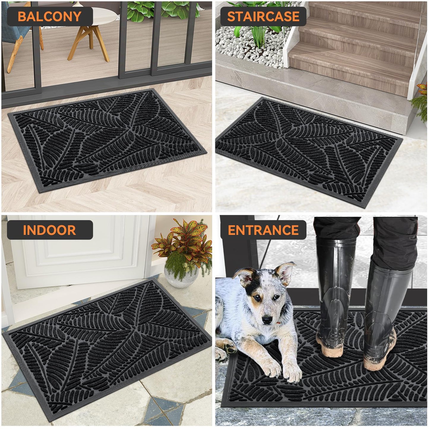 Grandaily Front Door Mat Indoor Outdoor Waterproof Doormat, Non Slip Natural Rubber Welcome Mat, Heavy Duty Durable Super Absorbent Entryway Rugs, 36"x24", Black