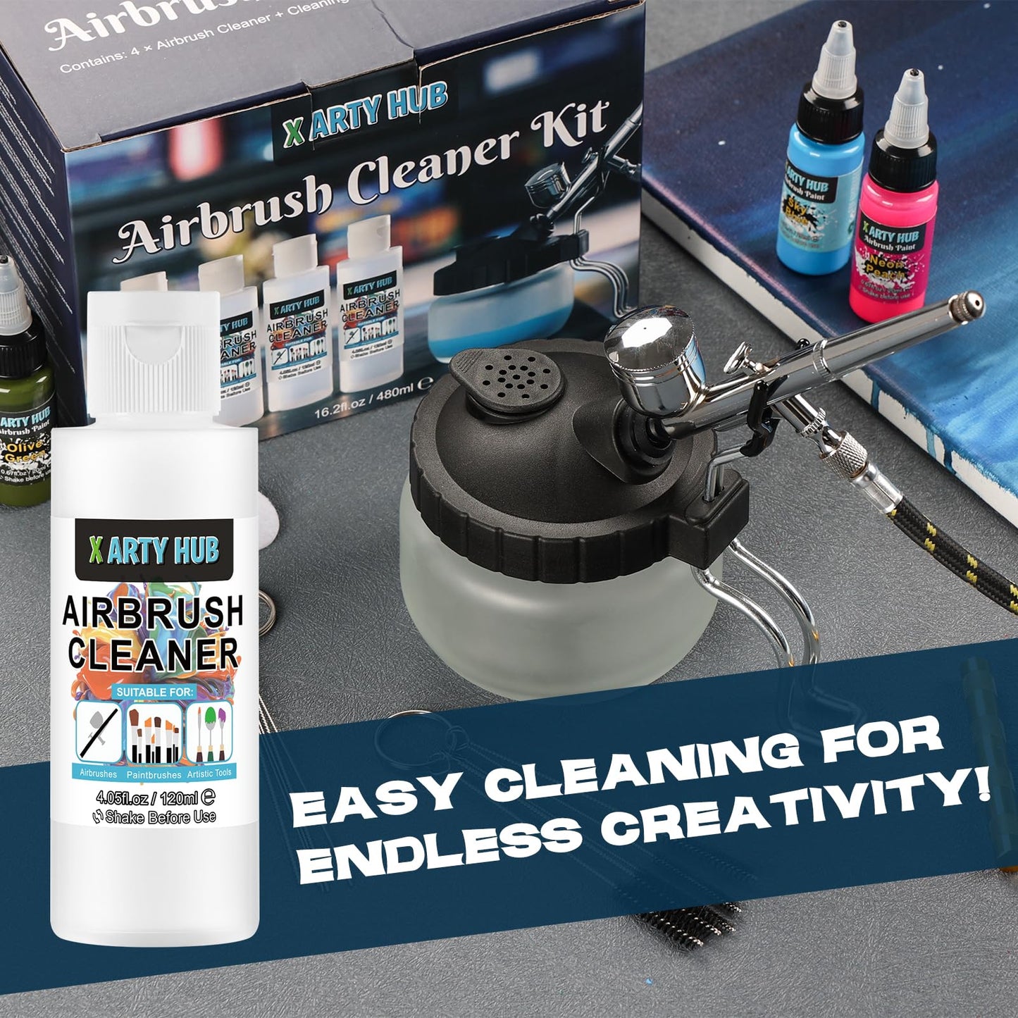 X ARTY HUB Airbrush Cleaning Kit - 4 * 120 ml Airbrush Cleaner with Glass Cleaning Pot, Easily Handle Water-Based and Acrylic Paints, for Airbrushes & Other Artistic Tools