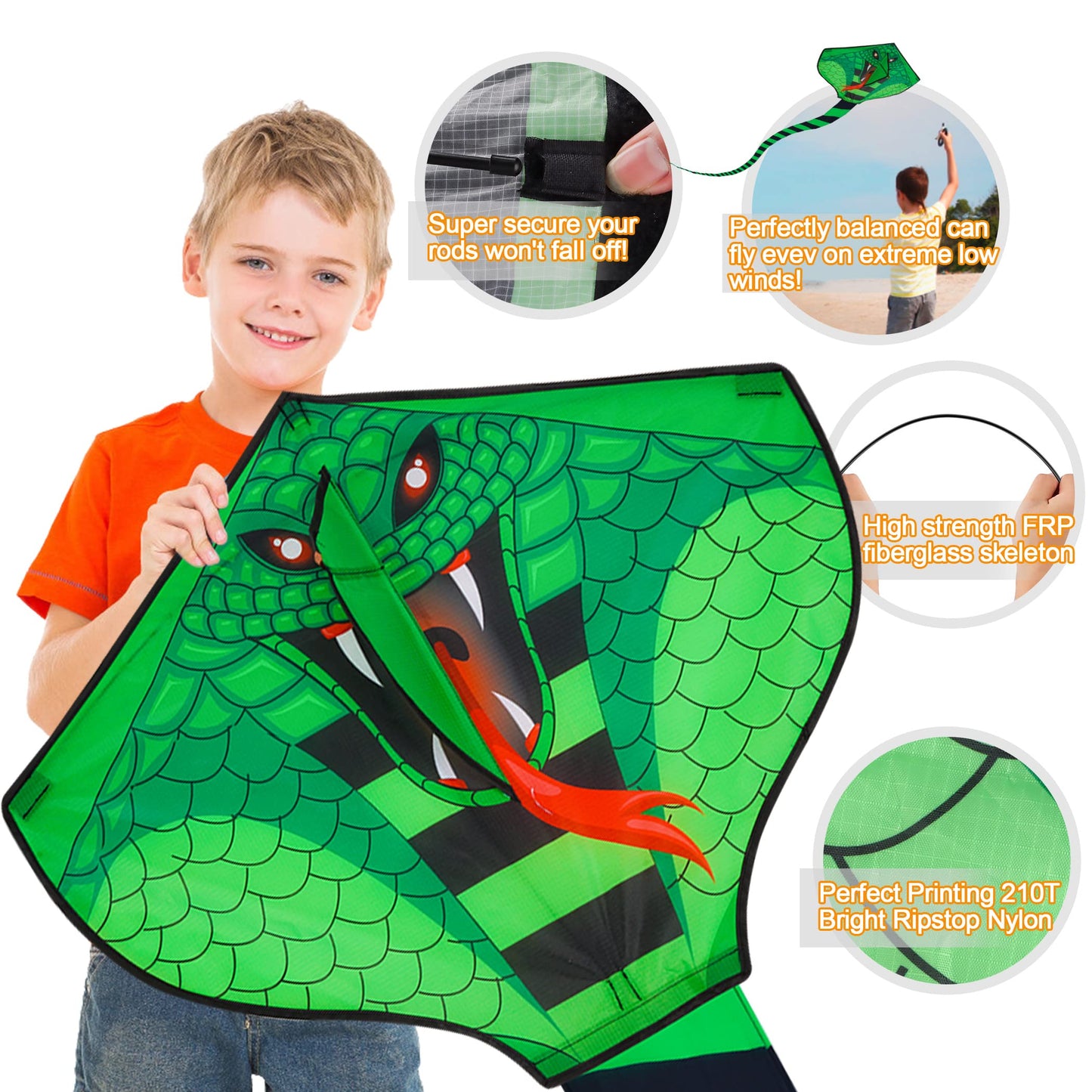 4 Pack Kites - Large Fire Dragon Kite Green Snake Devil Fish Red Mollusc Octopus with Long Colorful Tail for Kids Adults Outdoor Game Activities