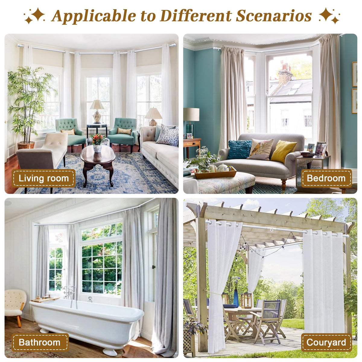 Bay Window Curtain Rods, U-shaped Curved Curtain Rods for Windows 59 to 184 Inches, White 1 Inch Diameter Heavy Duty Curtain Rods for Bedroom, Living Room, Adjustable Renter Friendly Curtain Rods...