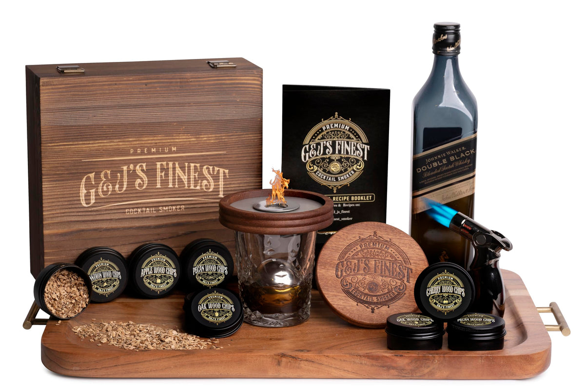 Whiskey Smoker Kit with QuadTorch, 6 Wood Chips & Wooden Gift Box | Cocktail Infuser | Bourbon Barware | Old Fashioned Drinks | Smoked Whisky Present for Dad, Men, Father’s Day, No Butane