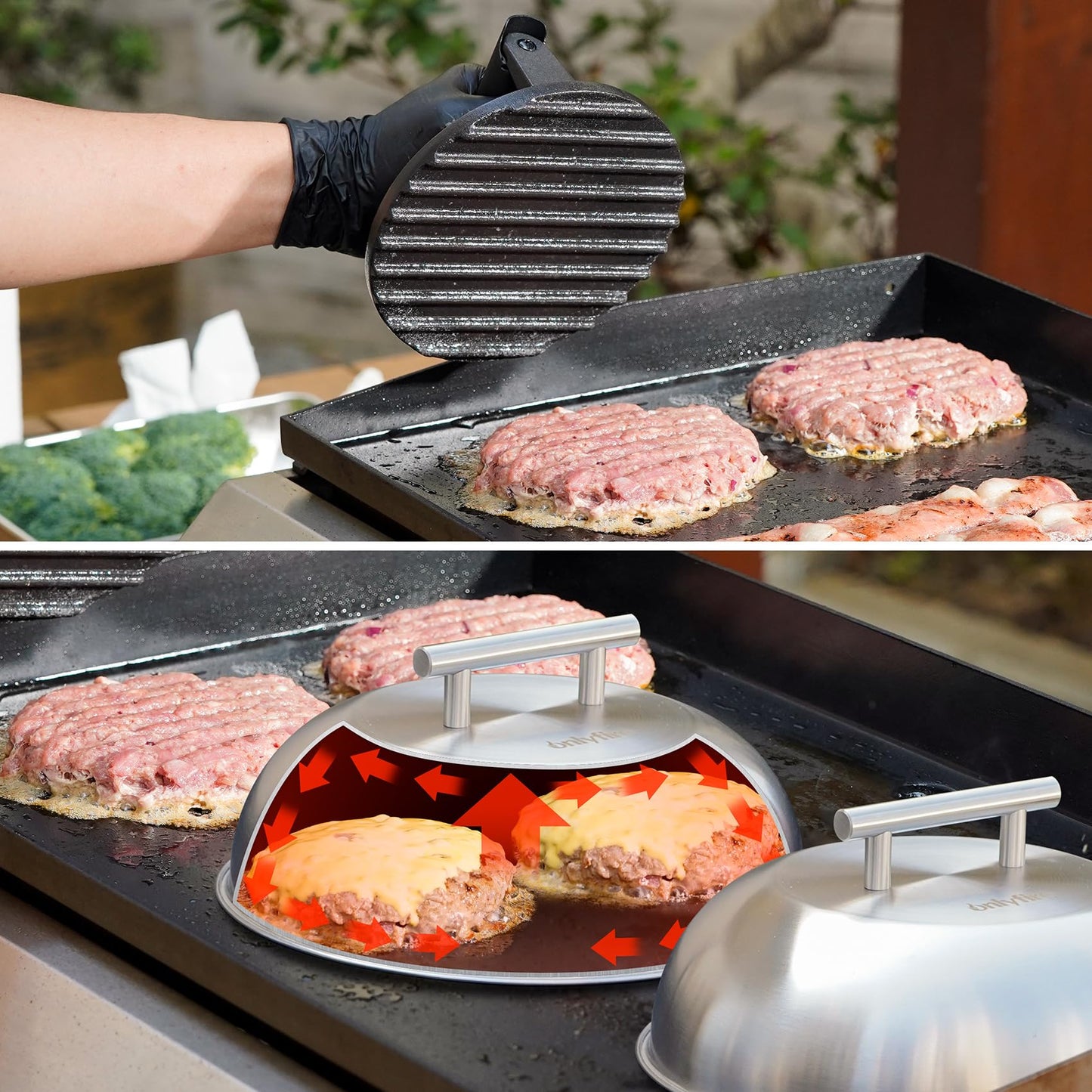 Onlyfire 3pcs Griddle Accessories Kit,Cheese Melting Dome & Burger Press Kit for Outdoor Griddle BBQ, Flat Top Teppanyaki Grilling & Steaming