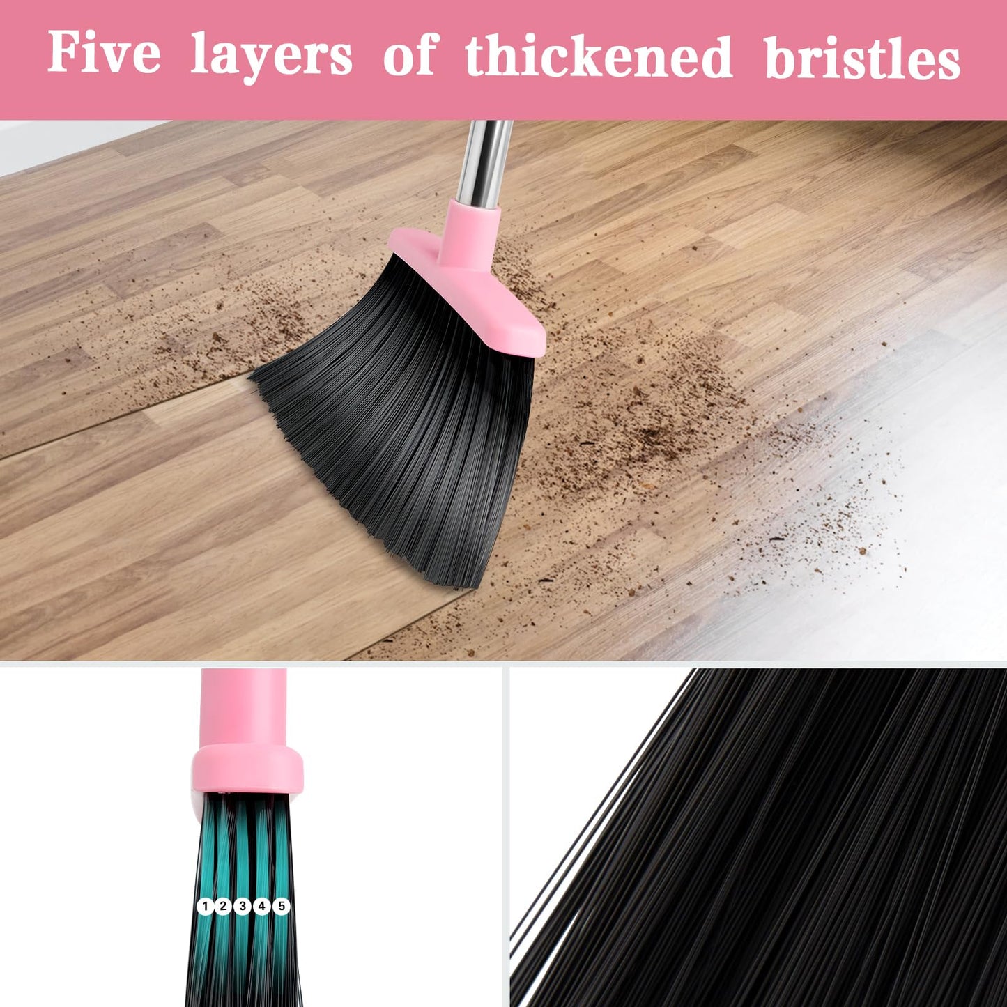 XXFLOWER Broom and Dustpan Set, Dustpans with Broom Combo with Long Handle Adjustable Length for Home, Kitchen,Office,Indoor(Pink)
