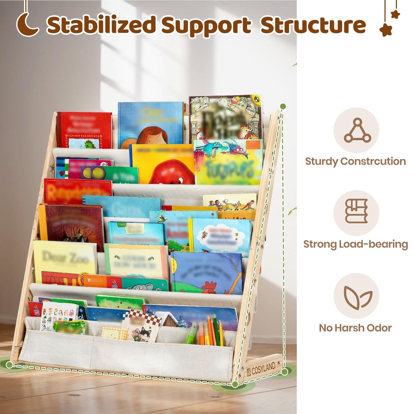 COSYLAND 6-Tier Kids Bookshelf - Toddler Book Display Shelves for Classrooms, Playrooms and Nursery - Wooden Book Shelf for Kids Rooms (Natural, 75 Cm Wide)