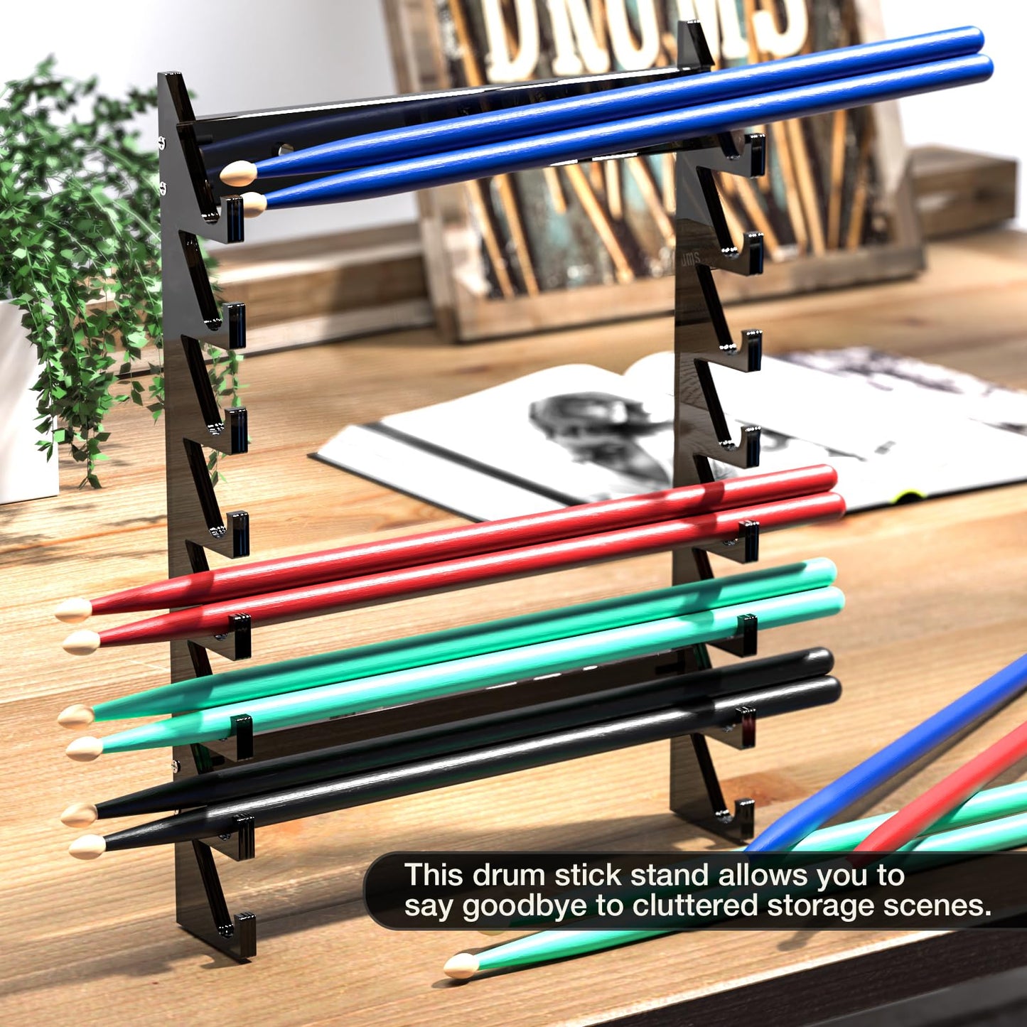 Facmogu Acrylic Drumsticks Holder, Drumsticks Display Stand for 8 Pair of Sticks, Drum Stick Holder for Drum Set, Wands & Lightsabers Collection, Wall Mounted Drumstick Rack Accessories (Bright Black)
