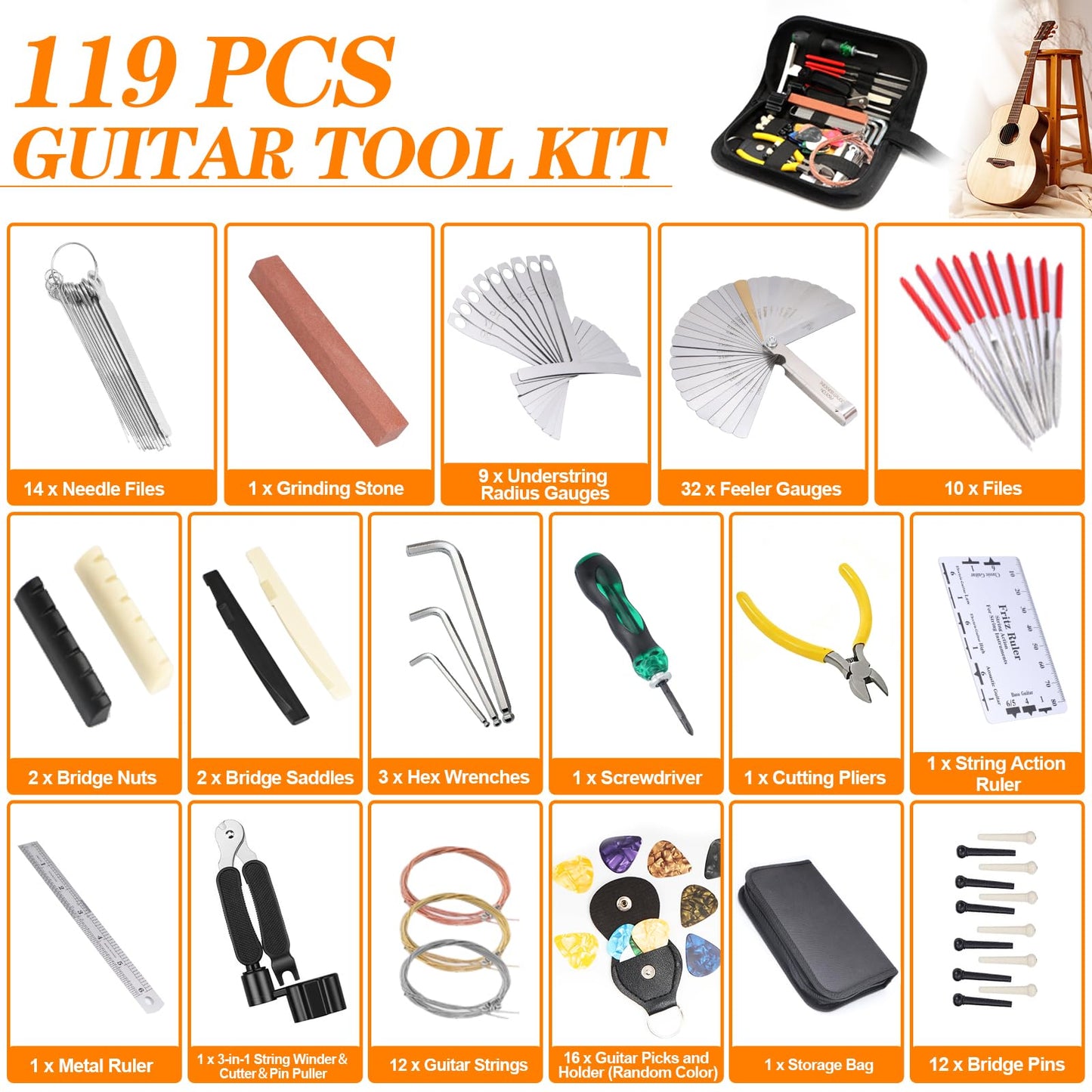 132 PCS Guitar Repair Maintenance Tool Kit, Guitar Repair Tool Kit with Carry Bag, Intonation Adjustment and Repairing, Cleaning Maintenance Accessories Set for Acoustic Electric Guitar Bass Ukulele