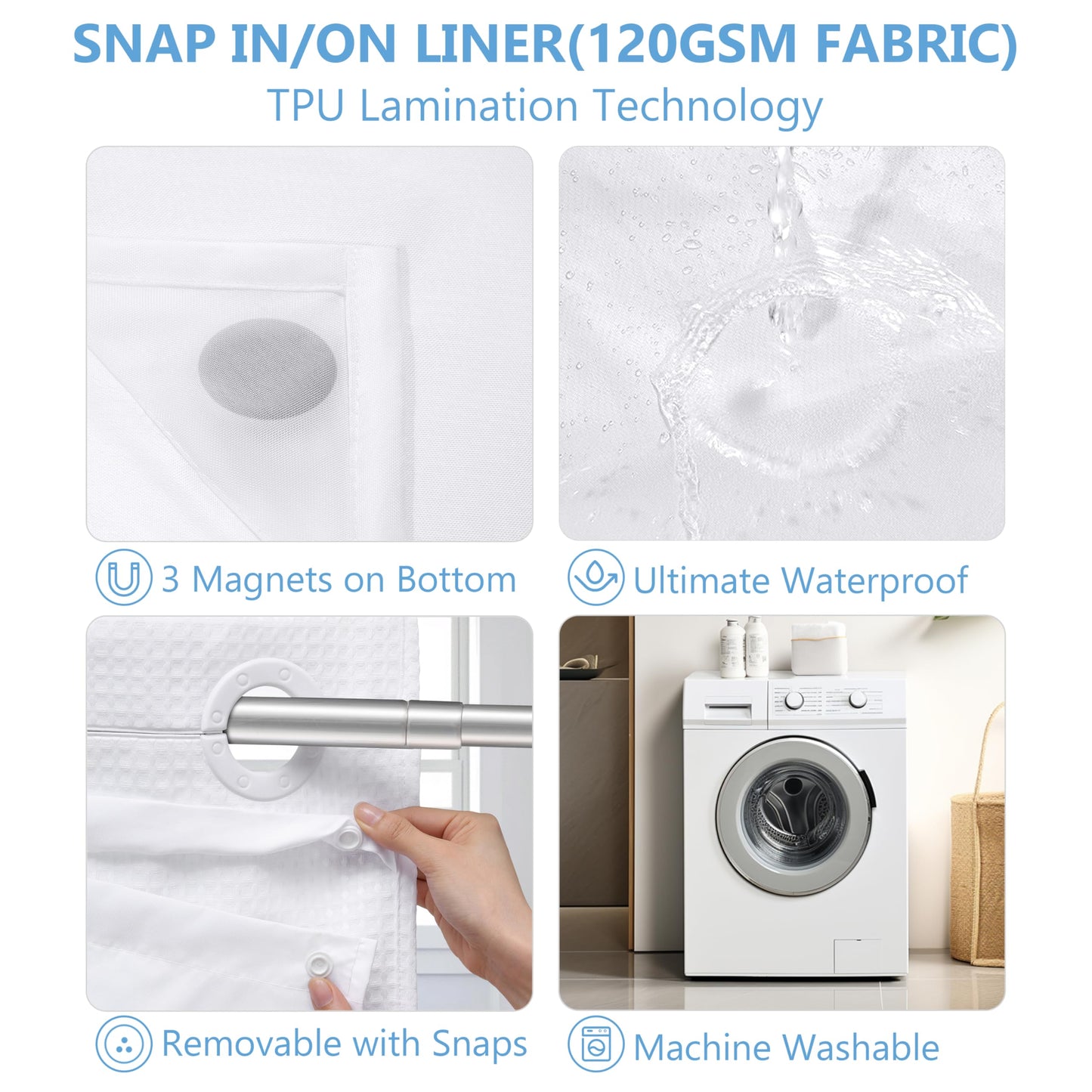 PILOTSHARK Hookless Waffle Weave Shower Curtain with Snap-in Fabric Liner,256GSM Heavy Duty Fabric Shower Curtain Set,White Waterproof Washable Luxury Shower Curtain for Bathroom Stall (72x75 Inch)