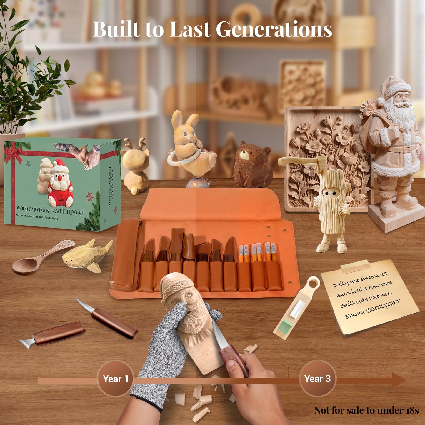 COZYGIFT Wood Carving Kit for Adults & Kids, 35PCS Whittling Knife Set with Video Tutorials - 3 Basswood Blocks, Pattern Sheets, Hook Knife & Leather Strop. Best DIY Craft Gift for Beginners