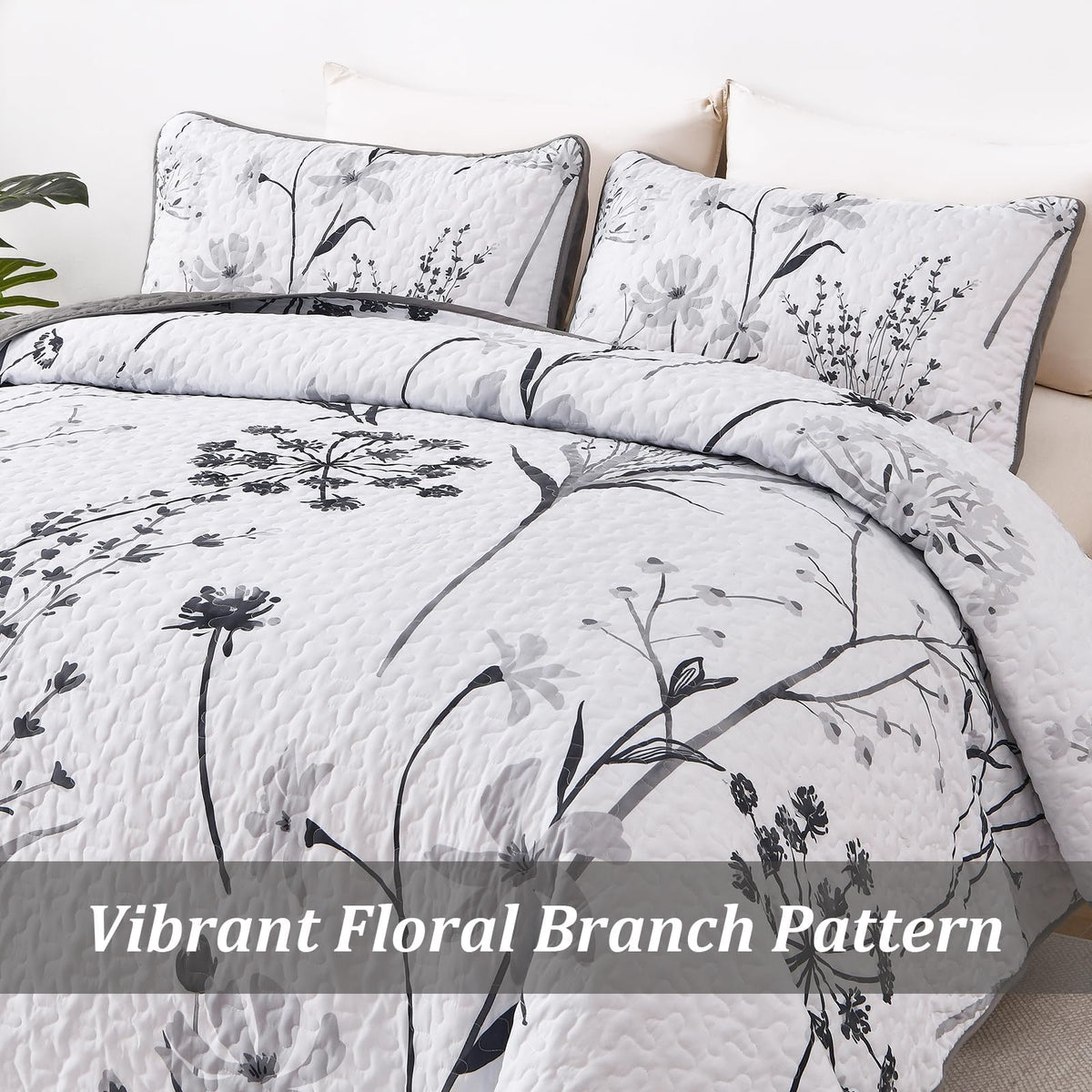 Dobuyly Floral Quilt Queen Size Set, Grey and White Botanical Queen Quilt Bedding Set 3 Pieces Soft Lightweight Microfiber Bedspread Coverlet Set for All Season, 96"x90"