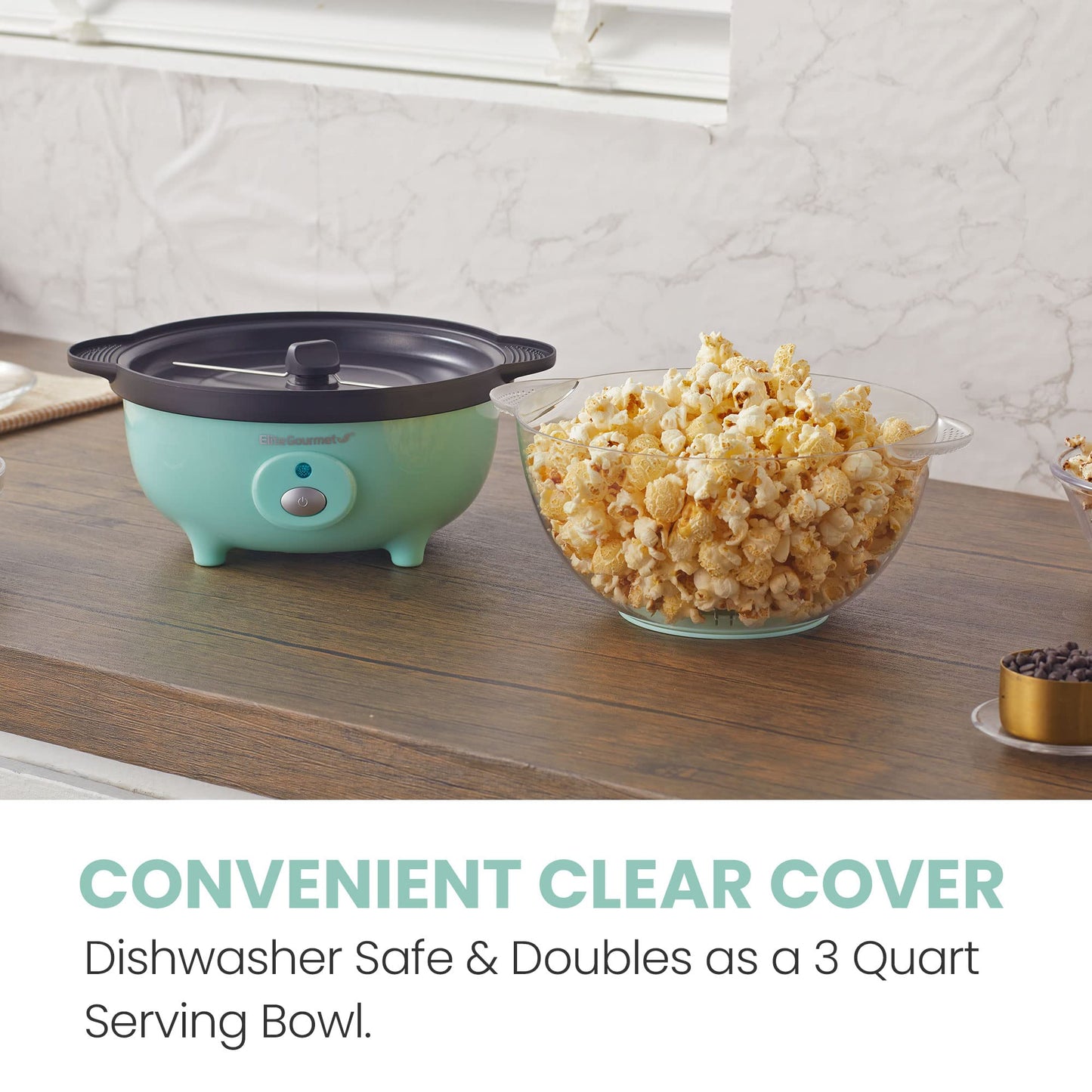 Elite Gourmet EPM330M Automatic Stirring Popcorn Maker Popper, Electric Hot Oil Machine with Measuring Cap & Built-in Reversible Serving Bowl, Great for Home Party Kids, ETL Approved, Mint, 3-Quart