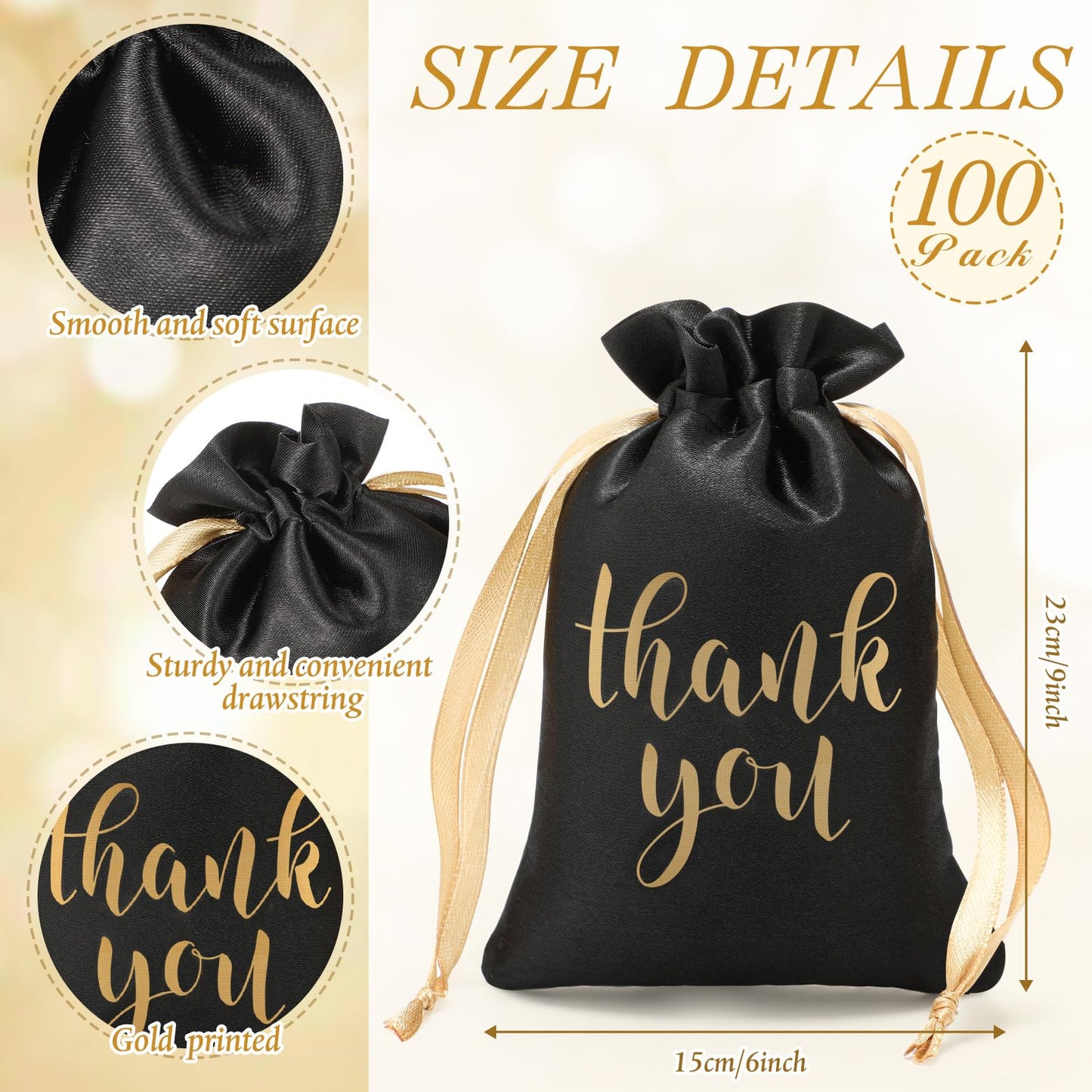 Roowest 100 Pcs Thank You Satin Gift Bags Drawstring Jewelry Candy Pouches for Wedding Bridal Shower Baby Shower Favor Drawstring Bag for Birthday Holiday Party(6 x 9 Inch,Black)