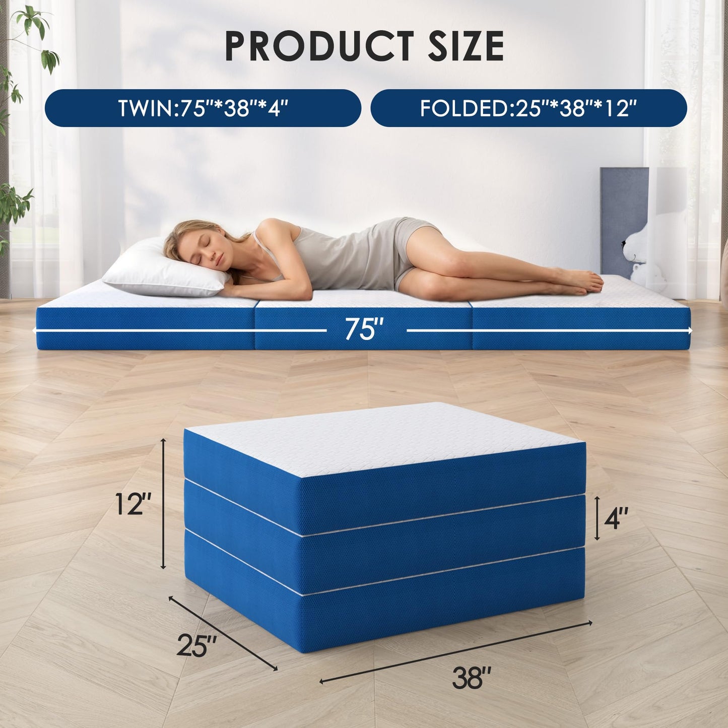 DlandHome Portable Tri-Fold Memory Foam Mattress,Floor Mattress,Foldable Mat,Folding Mat for Travel & Camping & Yoga,Cover Washable (Twin, 3 Inch)