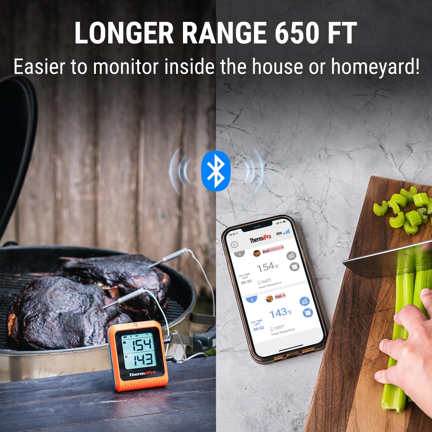 ThermoPro Wireless Meat Thermometer of 650FT, Bluetooth Meat Thermometer for Smoker Oven, Grill Thermometer with Dual Probes, Smart Rechargeable BBQ Thermometer for Cooking Turkey Fish Beef