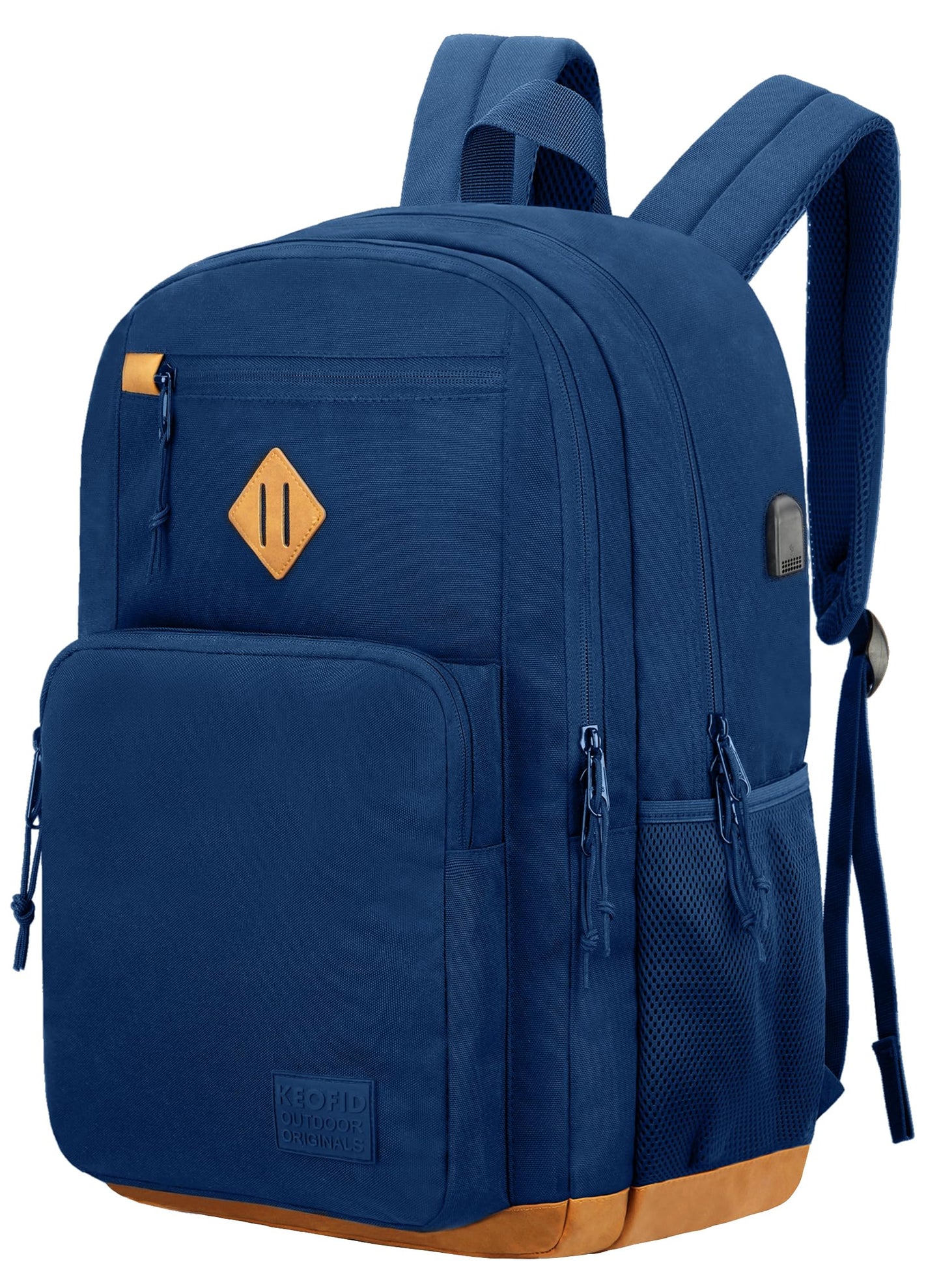 KEOFID Classic Travel Backpack for Men and Women, Anti Theft Laptop Backpack with USB Charging port, Large Bag for College(Blue and Brown, 19 Inches)