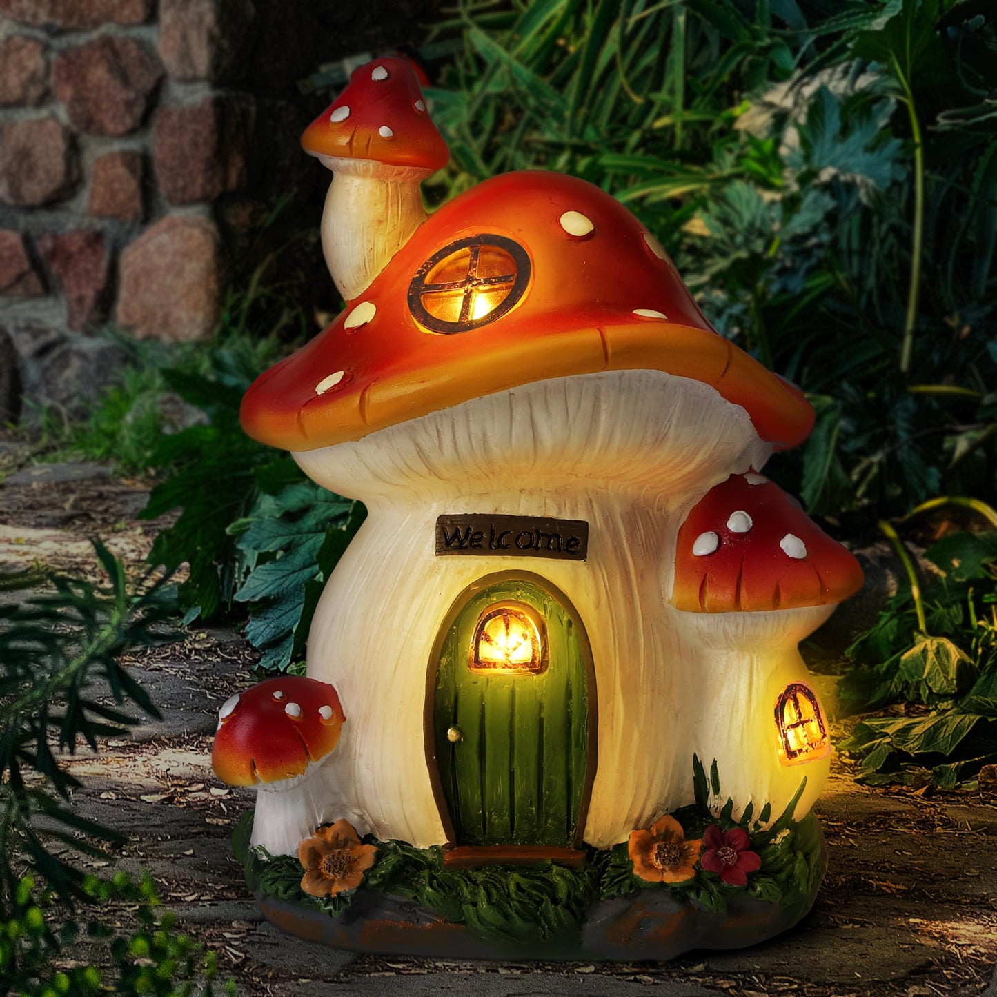 Mushroom House Garden Statue Outdoor, FHWTY Solar Light Mushroom House Garden Figurines for Lawn, Balcony, Yard Decoration, Outdoor Garden Decoration, Gift for Mom, Grandma, Women, Family Mothers Day