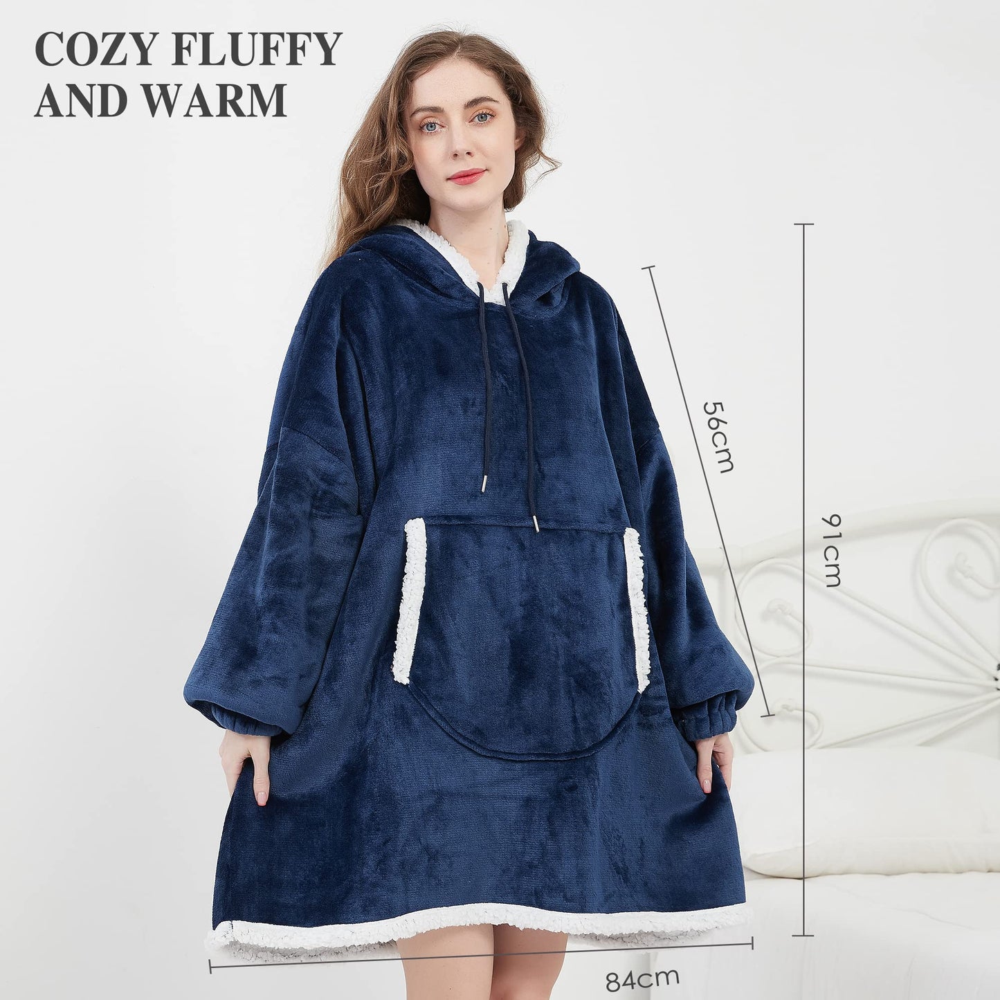 Viviland Hoodie Sherpa Blanket Sweatshirt Soft Warm Plus Large Front Pocket Tv Blankets for Adult, Navy Blue