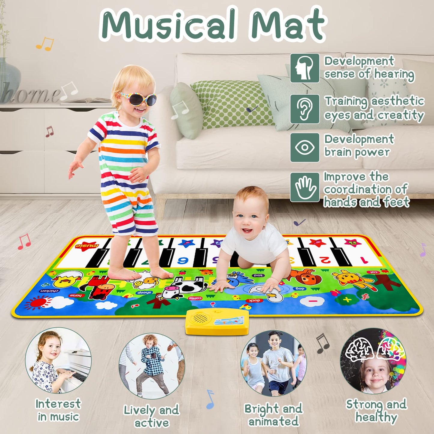 M SANMERSEN Piano Mat, 53'' x 23'' Musical Toys for Toddlers, Green Animal Theme, Electronic Keyboard, Piano Dance Mat, 16 Keys, 8 Animal Sounds & 8 Demo Melodies