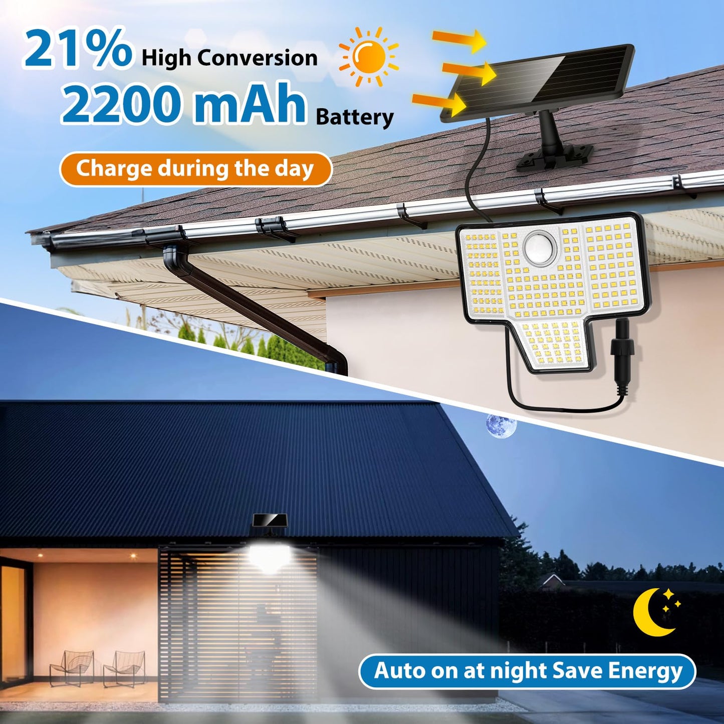 Kasonic Solar Outdoor Lights，6500K Super Bright Motion Sensor Lights, 2000LM LED Security Lights with 3 Modes, IP65 Waterproof Wall Lights for Garage Yard Patio,2 Pack