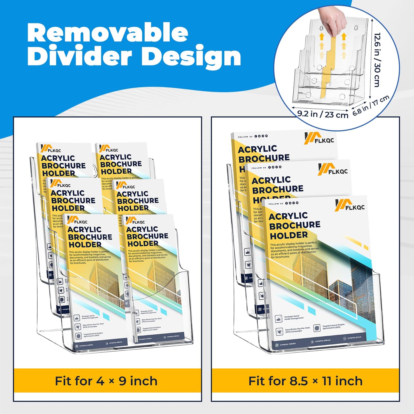 FLKQC Brochure Holder 8.5 x 11 Inch, 3 Tier Brochure Stand 2Pack Acrylic Flyer Holder Stand with Removable Divider Clear Pamphlet Holder for Wall Mount, Countertop for 4 x 9 Inch Brochures