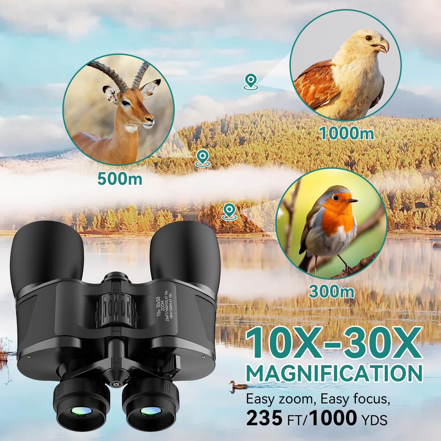 10-30X50 Zoom Binoculars for Adults, High Powered Military Binoculars for Bird Watching, Hunting, Outdoor, Hiking, Concerts Large View/Waterproof/BAK7 Prism/FMC Lens/Low Light Night Vision
