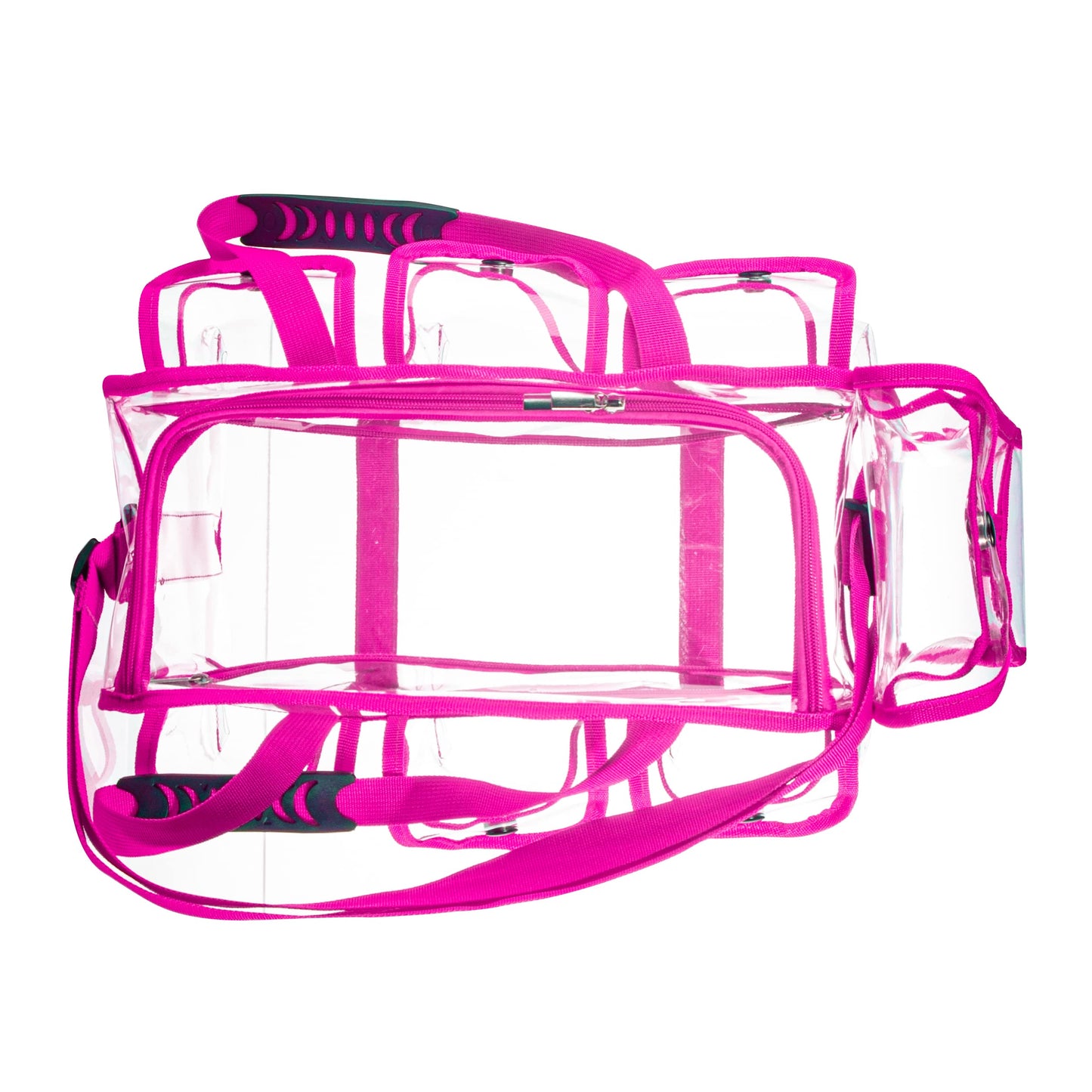 Wide Mouth Large Professional Clear PVC Travel Makeup Artist Set Bag Cosmetic Nails Beauty Bag Transparent Vinyl Tool Organizer Work Bag Beach Bag Diaper Bag with 6 External Pockets & Strap, Pink
