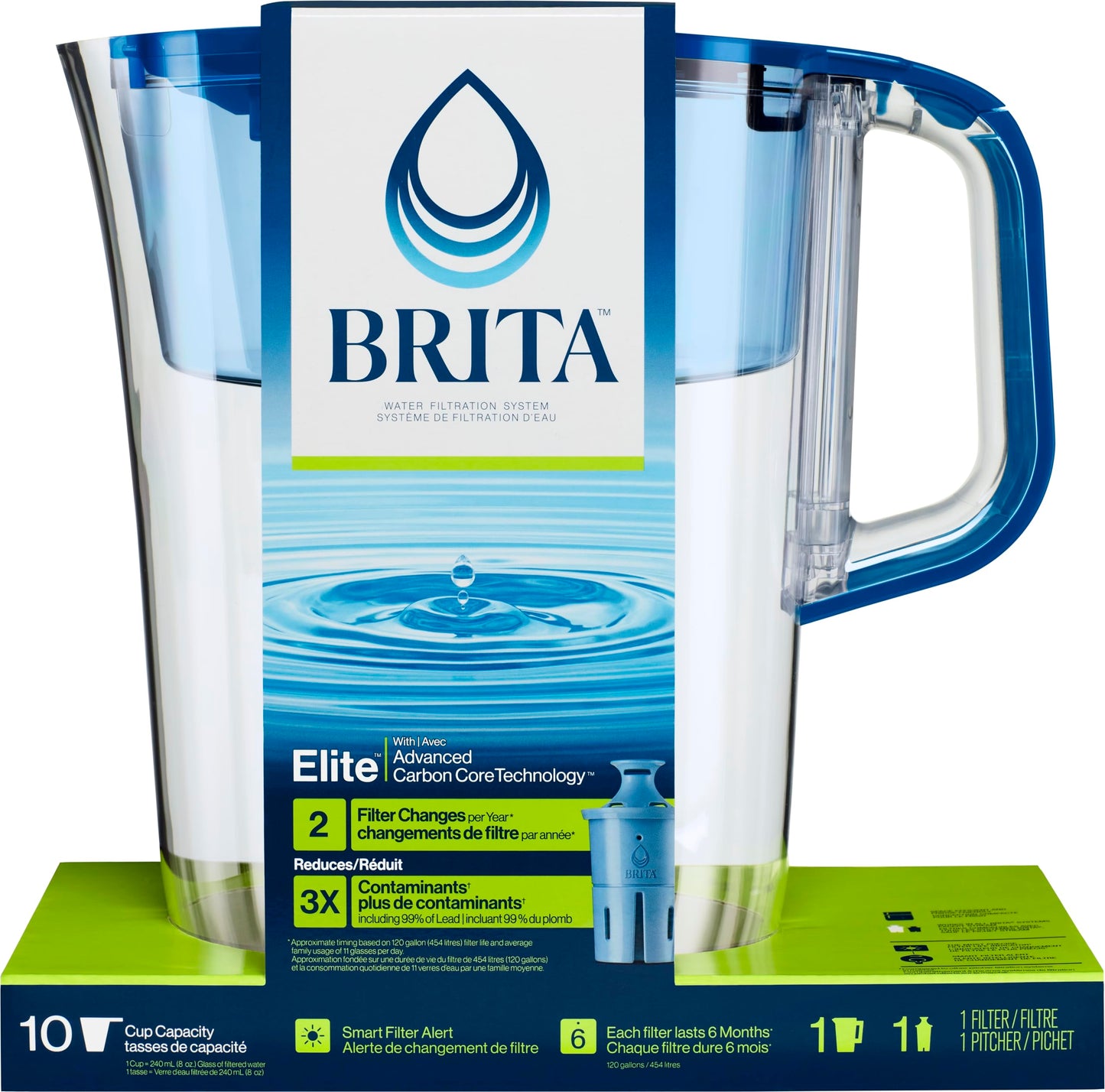 Brita 10 Cup Elite Filter Pitcher with Smart Light Indicator, Reduces 30+ Contaminants including Lead and Microplastics, Filter lasts 6 months, Tahoe, Blue