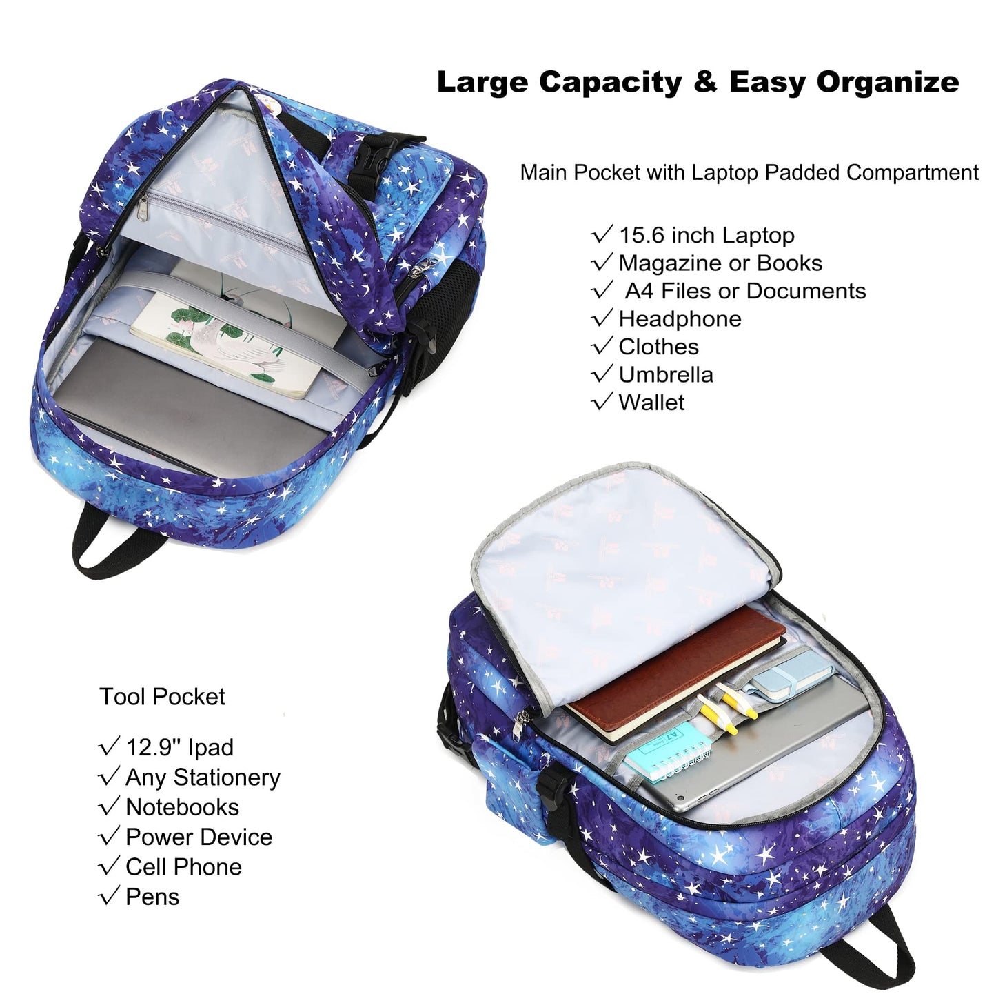 Laptop Backpacks for Women 16 Inch School Bag College Backpack Travel Daypack Large Bookbags for Teens Girls Students (Galaxy Blue)
